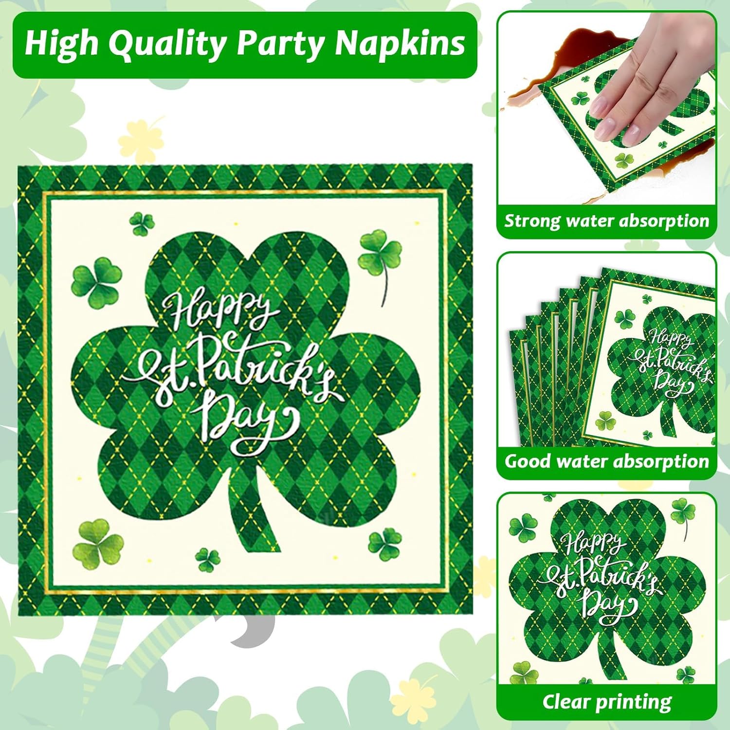 Happy St Patrick's Day Oval Paper Plates 11inch Shamrock Lucky Buffalo Plaid Plates and Napkins, Disposable Green Party Decoration Heavy Duty Spring Dish Tray Supplies Picnic Tableware, 25 Guest - Image 5