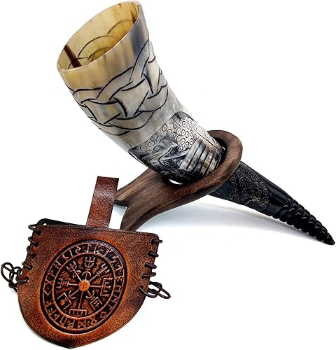 Miniatura 5 de 5MOONSUN5 's Auténtico cuerno vikingo grabado a mano cuerno para beber hecho a mano con soporte y funda de cuero, jarra de estilo nórdico único taza