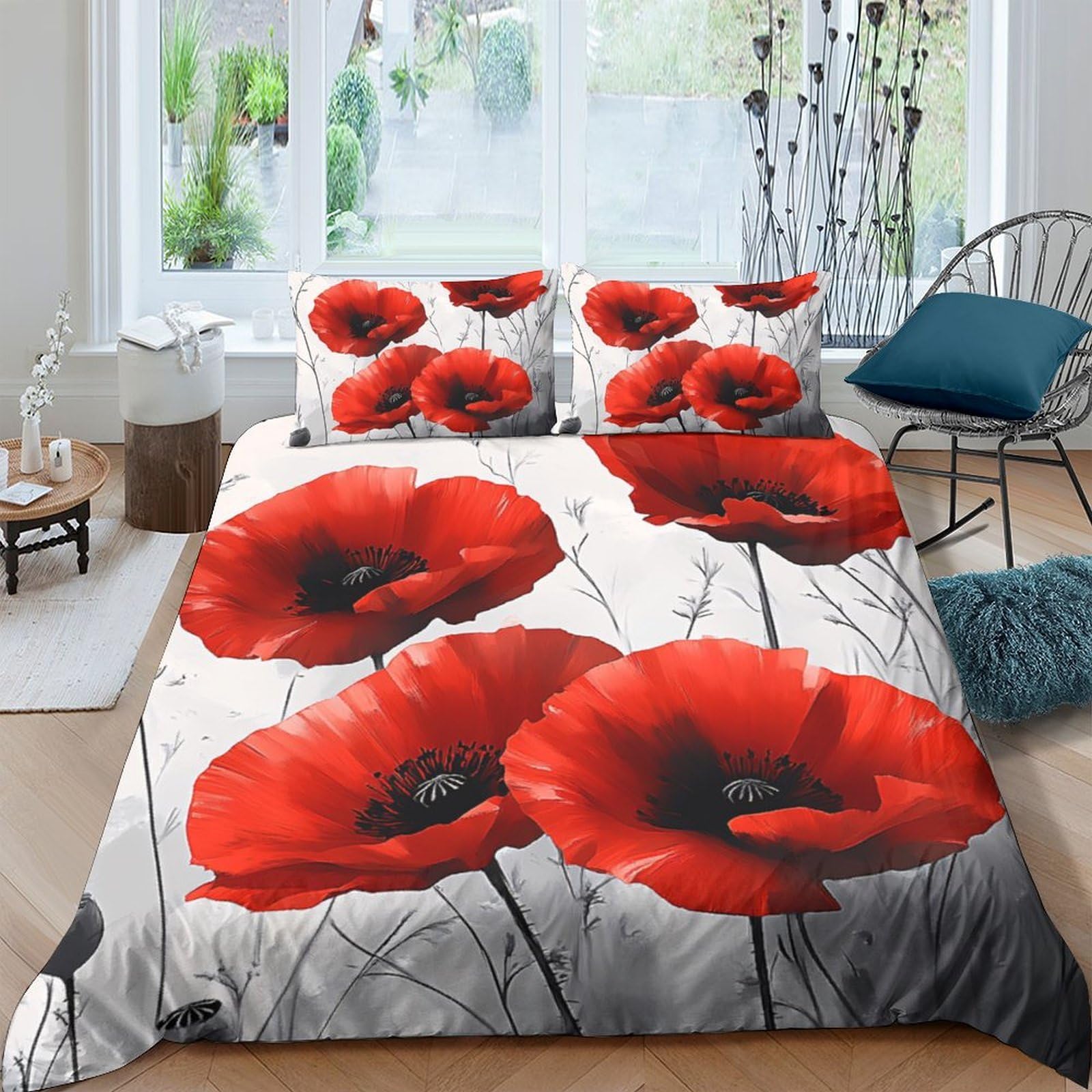 Ctjqhvkz Style-5 3D Printed Red Poppy Flower Fitted Sheet Microfiber Soft Breathable Meadow Bed Sheet For Bedroom Guest Room Decor Single（135X200cm）