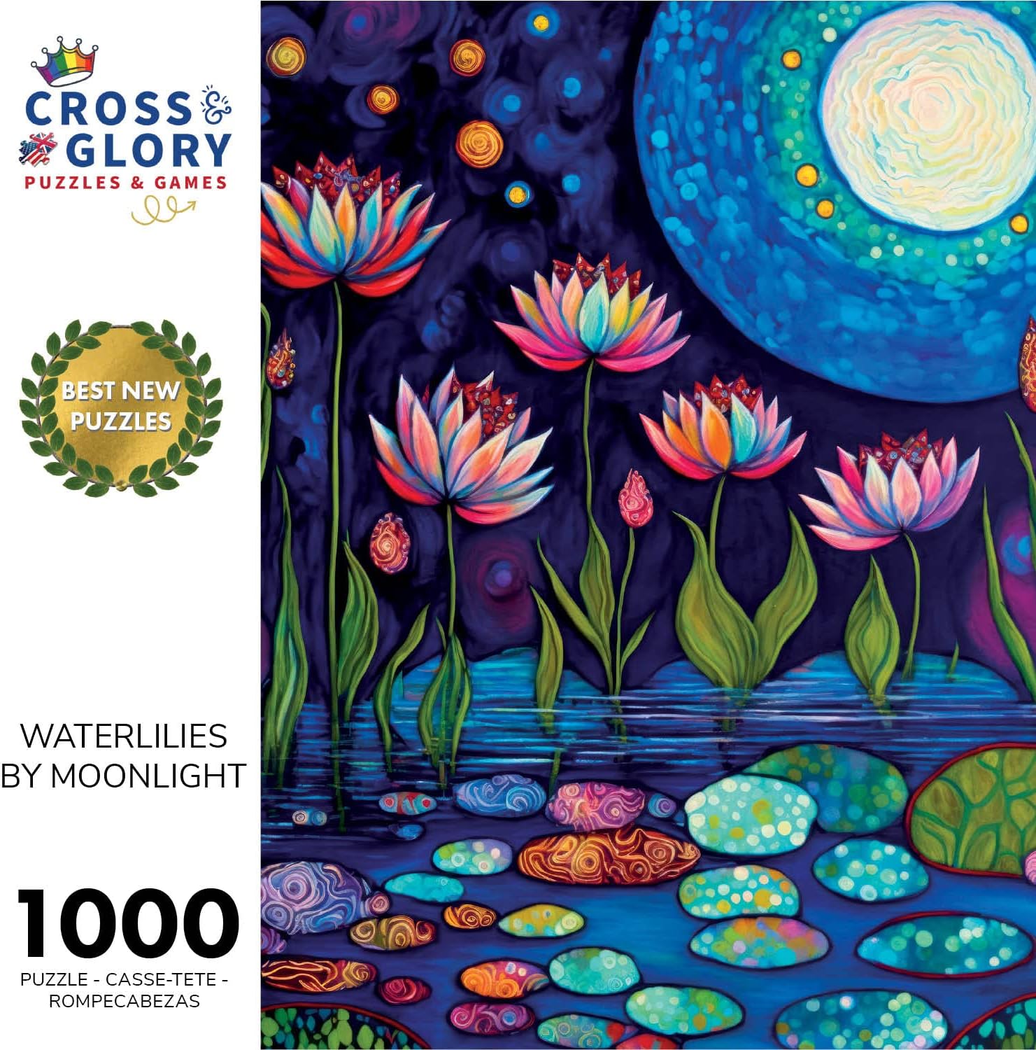 Cross & Glory - Waterlilies by Moonlight - 1000 Piece Jigsaw Puzzle for Adults | Stunning Artwork of Moonlit Waterlilies in a Serene Pond | Great for Relaxation and Display for Puzzle Enthusiasts