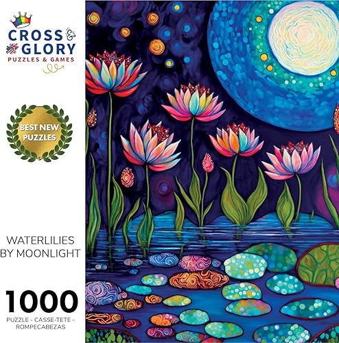Miniatura 2 de Cross & Glory - Waterlilies by Moonlight - Rompecabezas de 1000 piezas para adultos Impresionante obra de arte de nenúfares iluminados por la luna