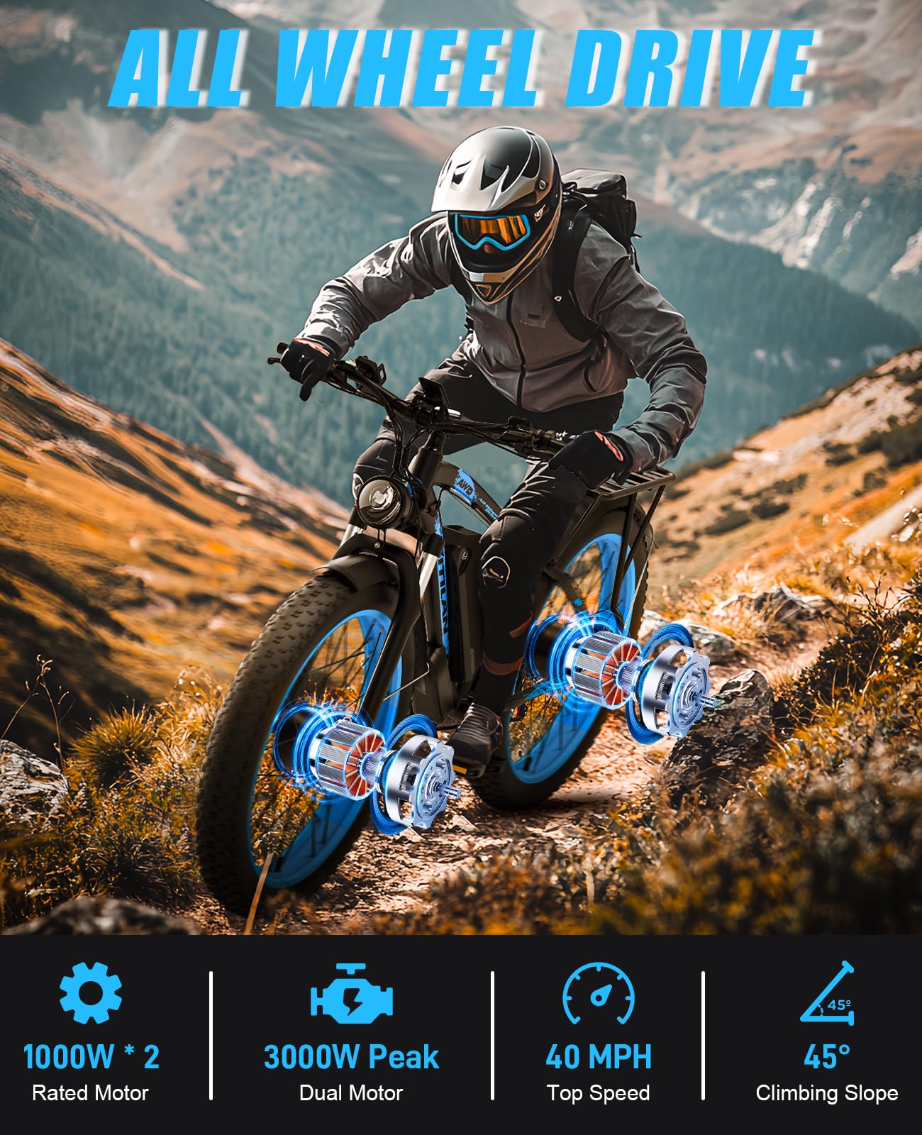 VITILAN H5 3000W Peak Dual Motor Electric Bike, 52V 25AH Long Range & 40 MPH High Speed, 24 Inch Electric Bicycle for Women, 2000W AWD Ebike for Off-Road, Street, Commute (Black)