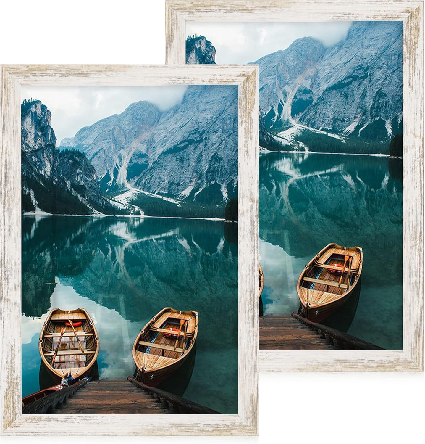 Hongkee 12x18 Frame Set of 2, Distressed White Wood Style, Display 12 x 18 Poster without Mat or 8.5x11 Picture with Mat, Wall Mounting Horizontal and Vertical Distressed White 12x18 in