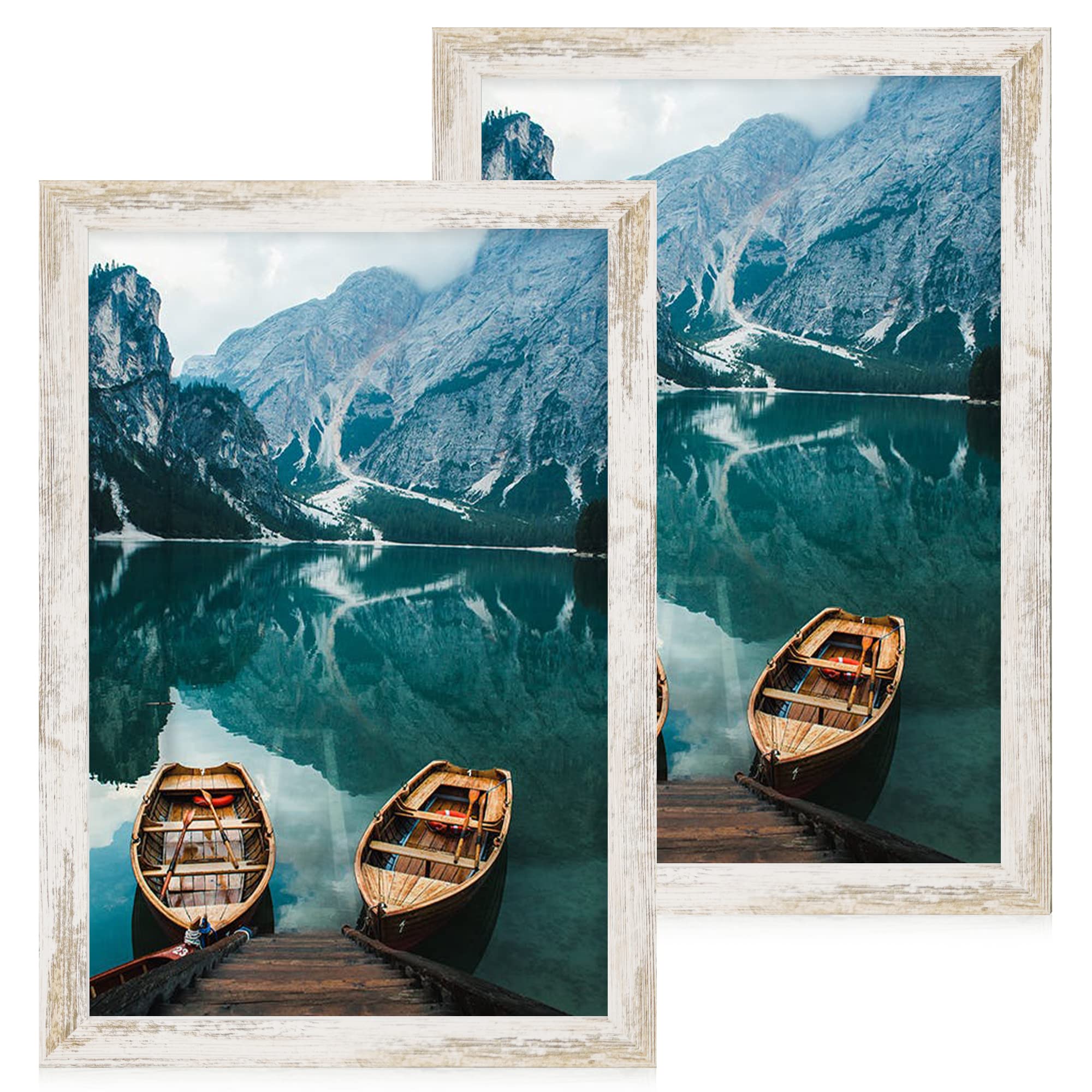 Photo 1 of 12x18 Frame Set of 2, Distressed White Wood Style, Display 12 x 18 Poster without Mat or 8.5x11 Picture with Mat, Wall Mounting Horizontal and Vertical Distressed White 12x18 in