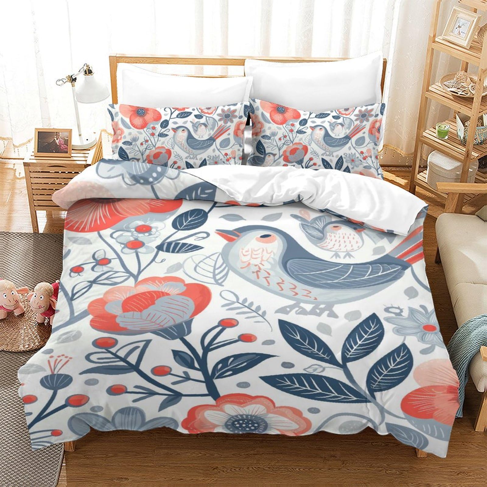 Parure de lit en fleurs 3 pièces housse de couette 3D 140x200cm taie d'oreiller microfibre fillette