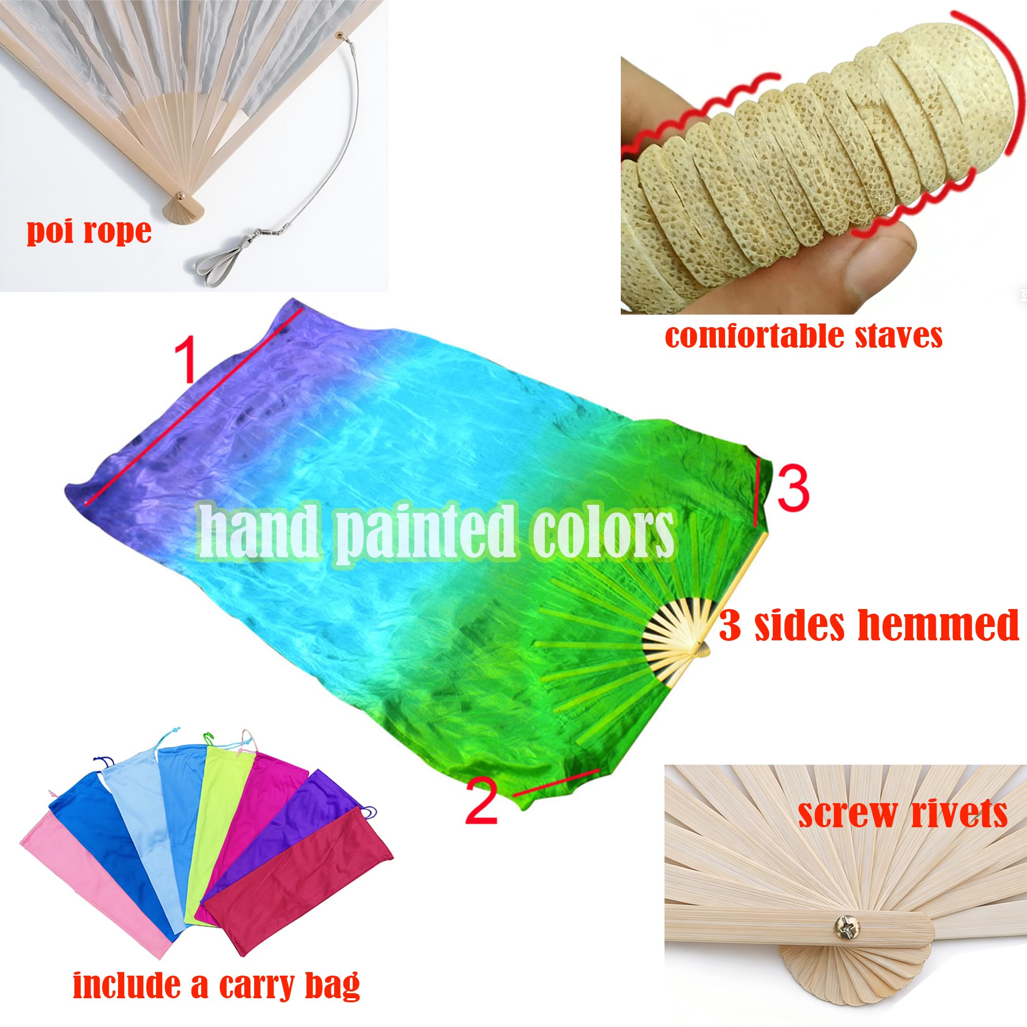 Winged Sirenny Paar Handgemalter Vielseitig Seidenfächer-Schleier mit Poi-Schnüren, Leichte 150cm Fächer-Pois für Bauchtanz, Tribal Dance, Bühnenshows & Spirituelle Tanz (schwarz-violett-rosa)