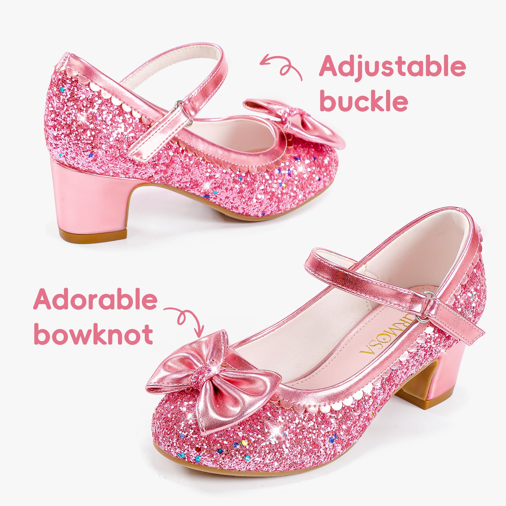 LAURMOSA Glitzer Prinzessin Schuhe Mädchen Mary Jane Riemchen Pumps mit Schleife Stöckelschuhe Kinder Party Hochzeit Geburtstag