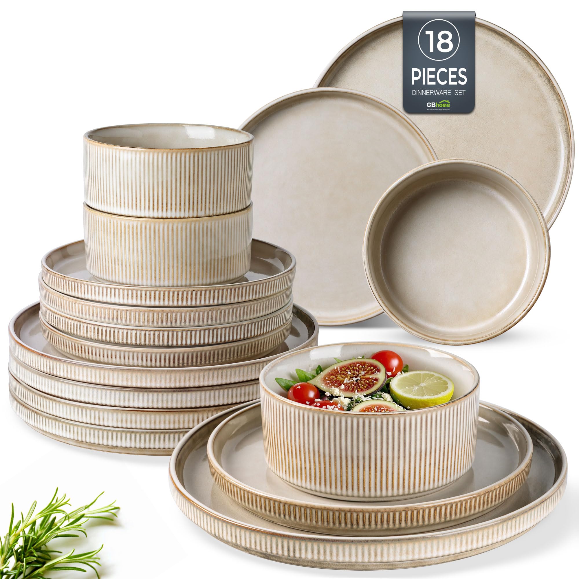 GBhome Stoneware Dinner Sets for 6 People, 18 Pieces Reactive Glaze Handcrafted Plates and Bowls Set, Scratch Resistant Dinnerware Set, Dishwasher & Microwave Safe Crockery Set, Khaki — image 1
