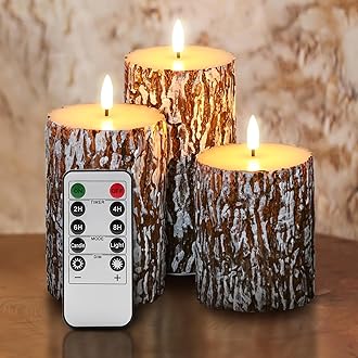 Eywamage Brown Pine Bark Flameless Pillar Candles with Remote, 3 Pack Flat Top Flickering Battery Operated LED Candles Farmhouse Decor
