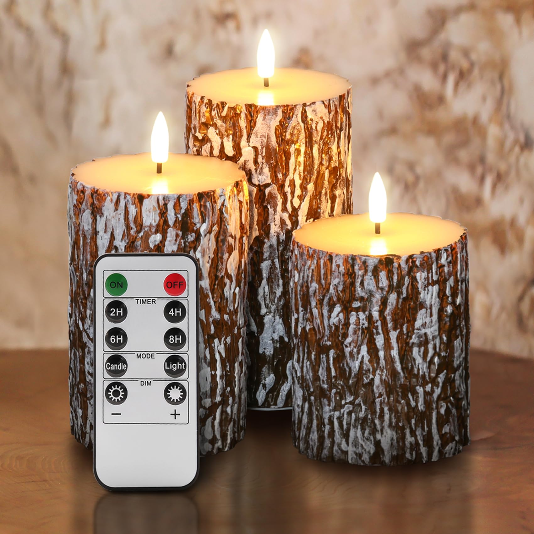 Eywamage Brown Pine Bark Flameless Pillar Candles with Remote, 3 Pack Flat Top Flickering Battery Operated LED Candles Farmhouse Decor