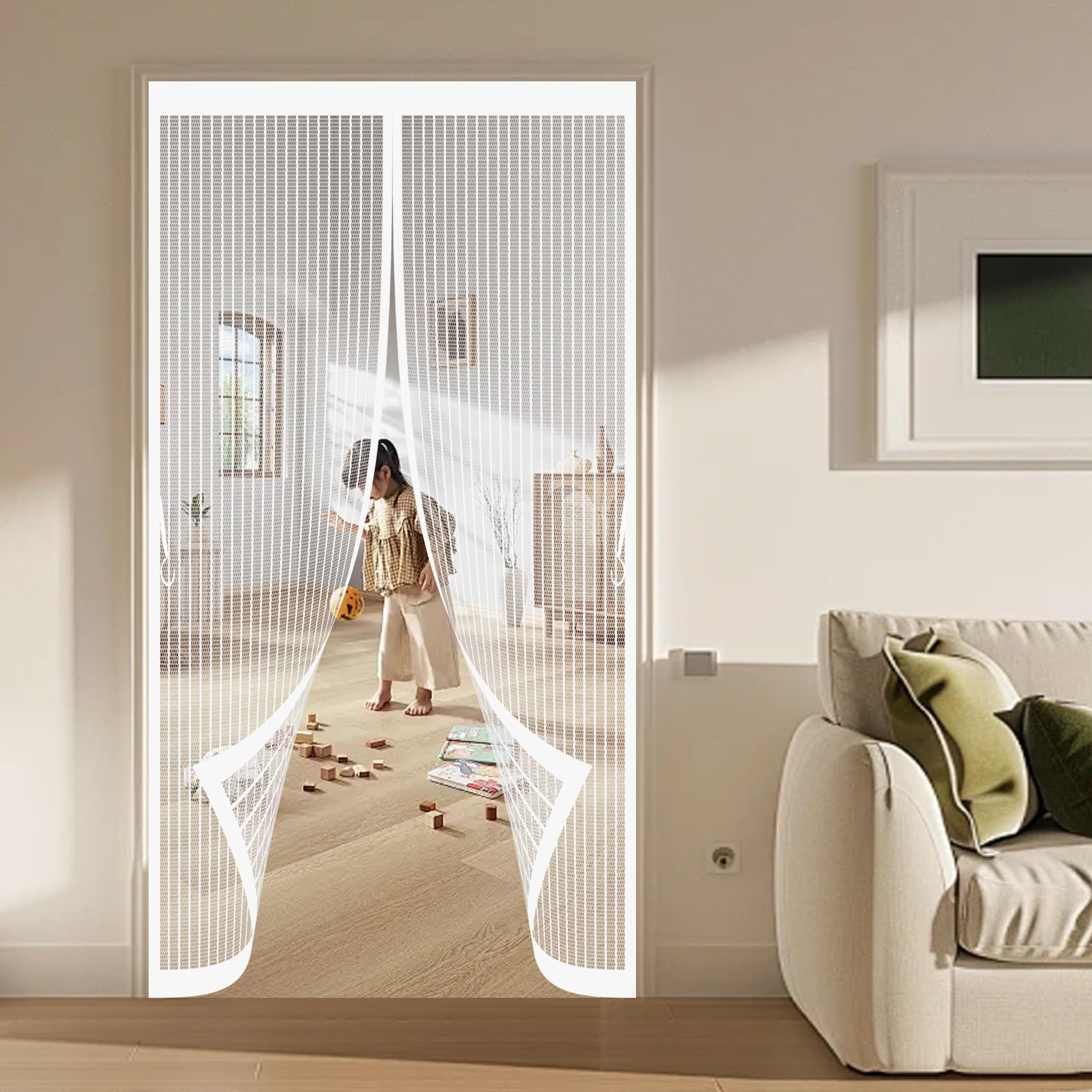 Magnetic Screen Door 124 x 154 cm with Powerful Magnets & Full Frame Magic Tape No Gap, Lets Fresh Air in, Keep Bugs Out Insect Protection Door for Patio Doors Bedroom, White
