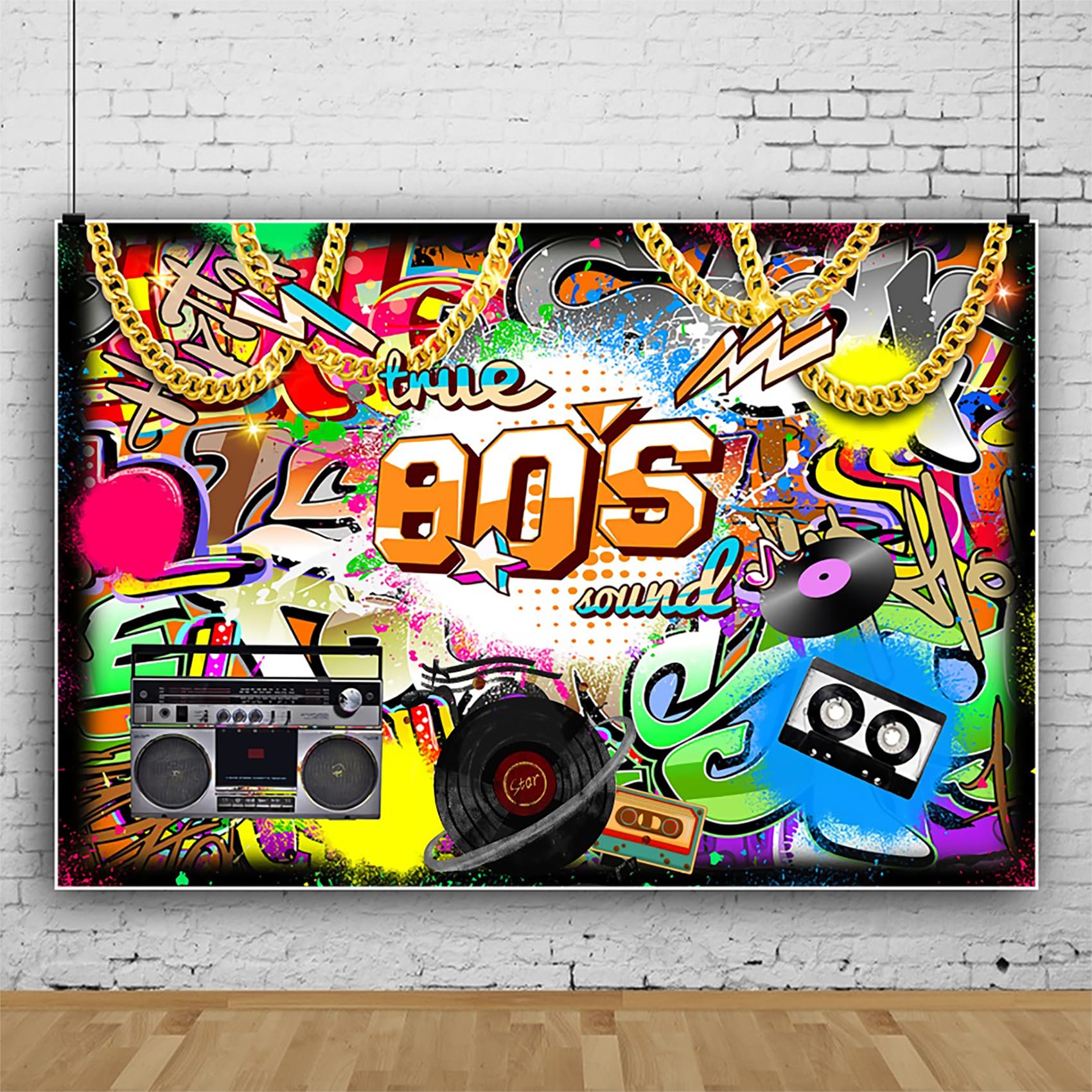 3,5x2,5m Ritorno agli anni '80 Sfondo Hip Hop Graffiti A tema anni '80 Partito Fotografia Sfondo per anni 80 Adulti Compleanno Evento Partito Arredamento Bandiera Foto Studio, Vinile