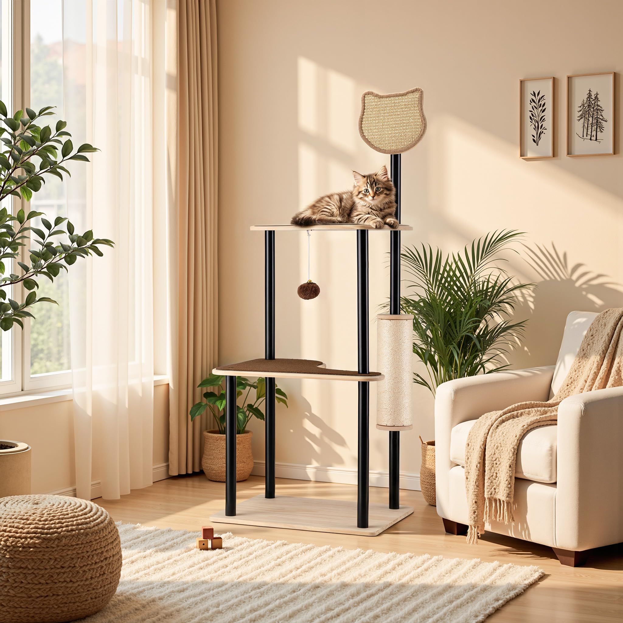 Fudajo Kratzbaum aus Metall 48 x 40 x 120 cm mit Sisal, Kratzmöbel mit Kratzbrett, Katzenbaum mit großer Liegefläche und modernem Design