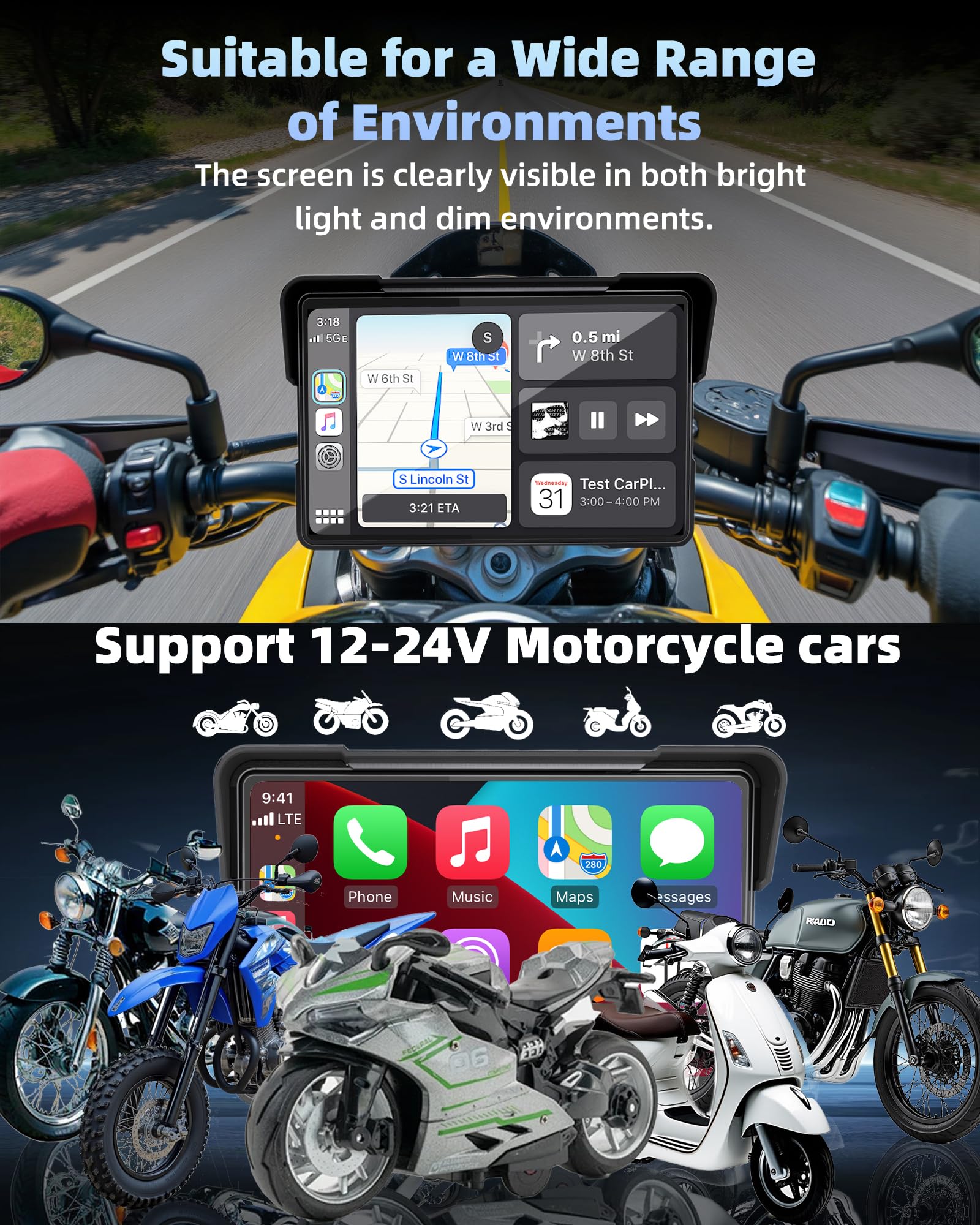 Jansite Carplay Moto Android Auto con TPMS, 7" GPS Moto Navegador Pantalla Táctil Resistente al Agua IP67 Bluetooth Siri y Asistente de Google — view 8