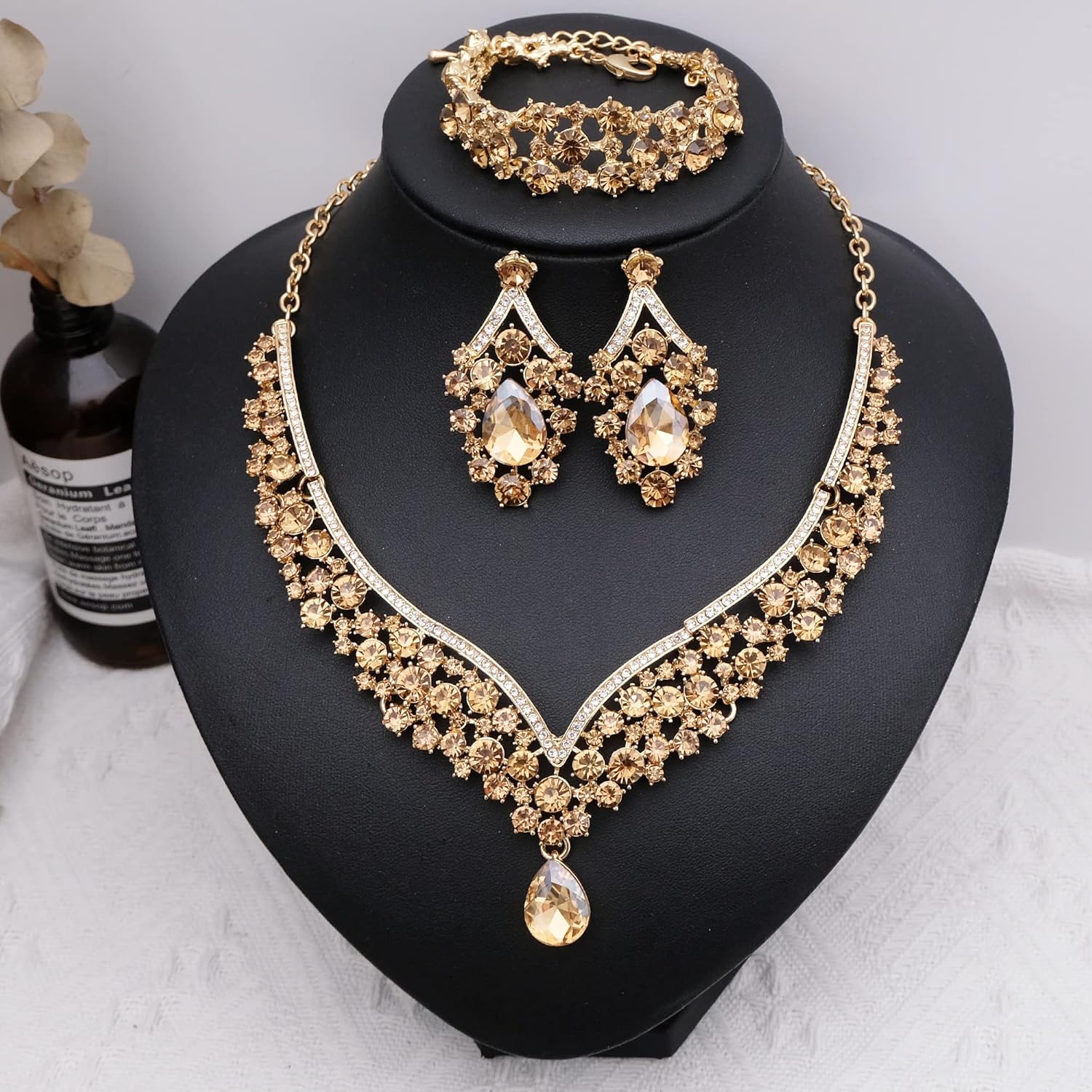 Women's Statement Necklace Earrings Link Bracelet Set for Bride Austrian Crystal Wedding Bridal Costume Jewelry Sets