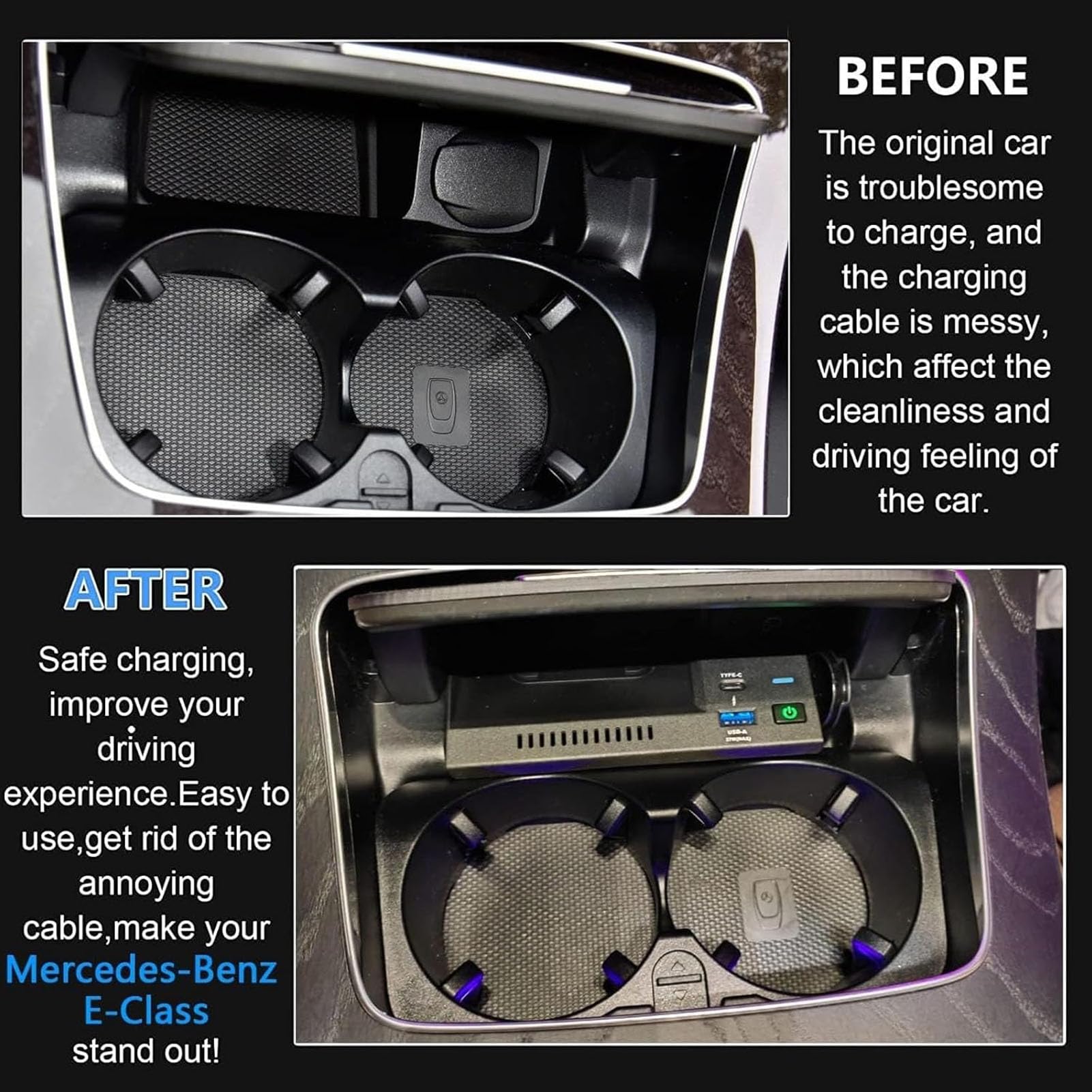 Cargador De Coche Inalámbrico para Mercedes-Benz Clase E 2016-2023 Panel De Accesorios De Consola Central,Cargador Rápido De 15 W para Cualquier Teléfono Habilitado para Qi(Color:Toma móvil)