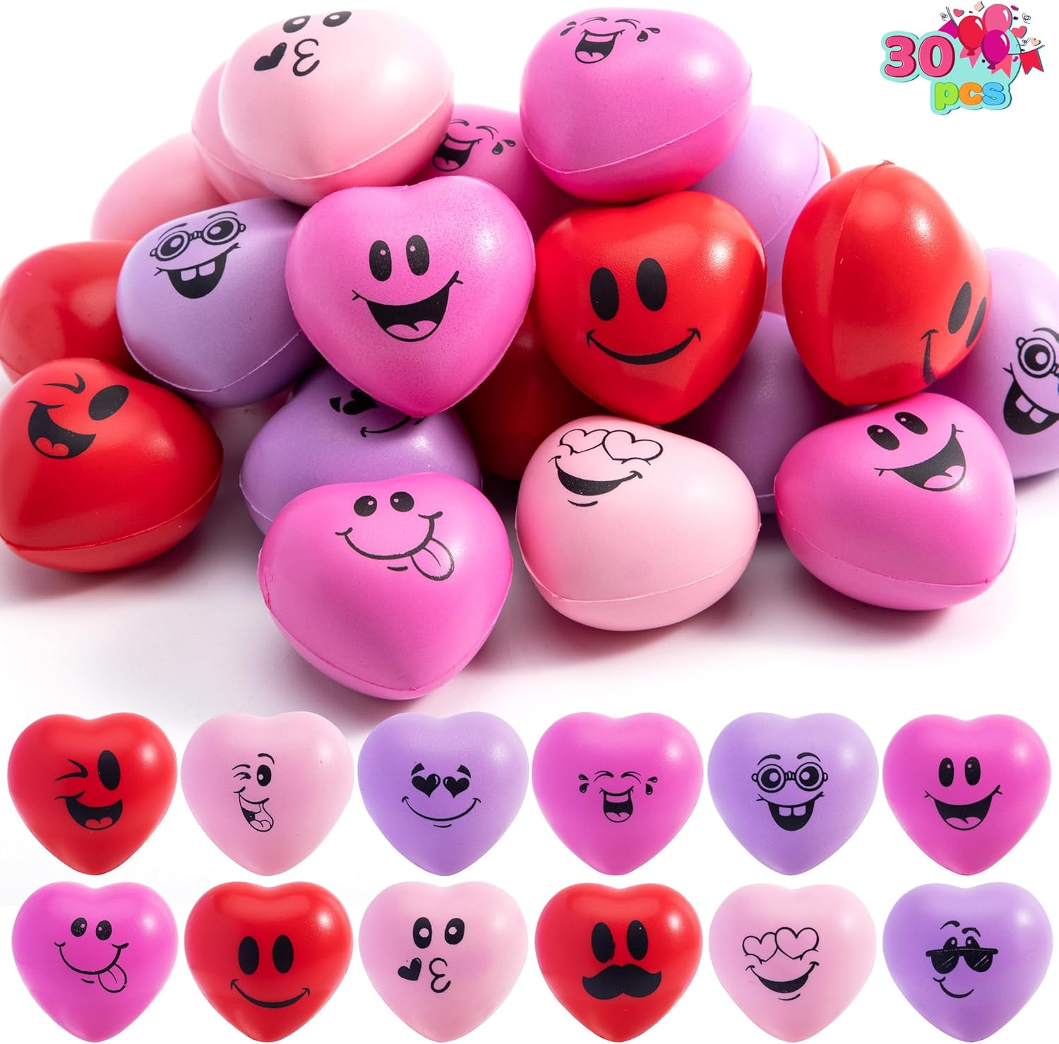 JOYIN 30 PCS Valentine's Day Heart Stress Balls 1.5"x1.5" for Kids, Squishy Toys Slow Rising for School Carnival Reward, Party Present Fillers, Gifts, Relieve Stress Toys