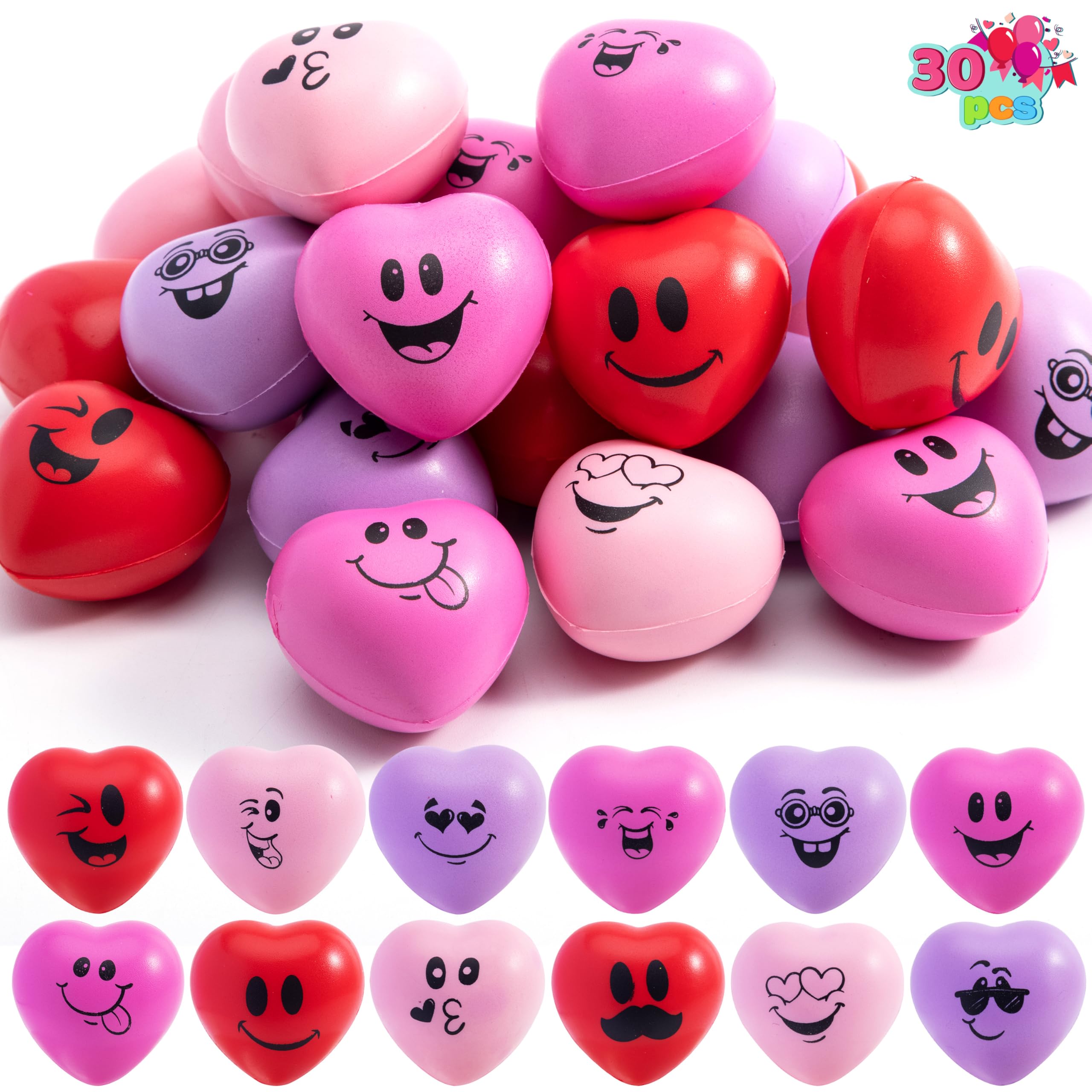 JOYIN 30 PCS Valentine's Day Heart Stress Balls 1.5"x1.5" for Kids, Squishy Toys Slow Rising for School Carnival Reward, Party Present Fillers, Gifts, Relieve Stress Toys Assorted