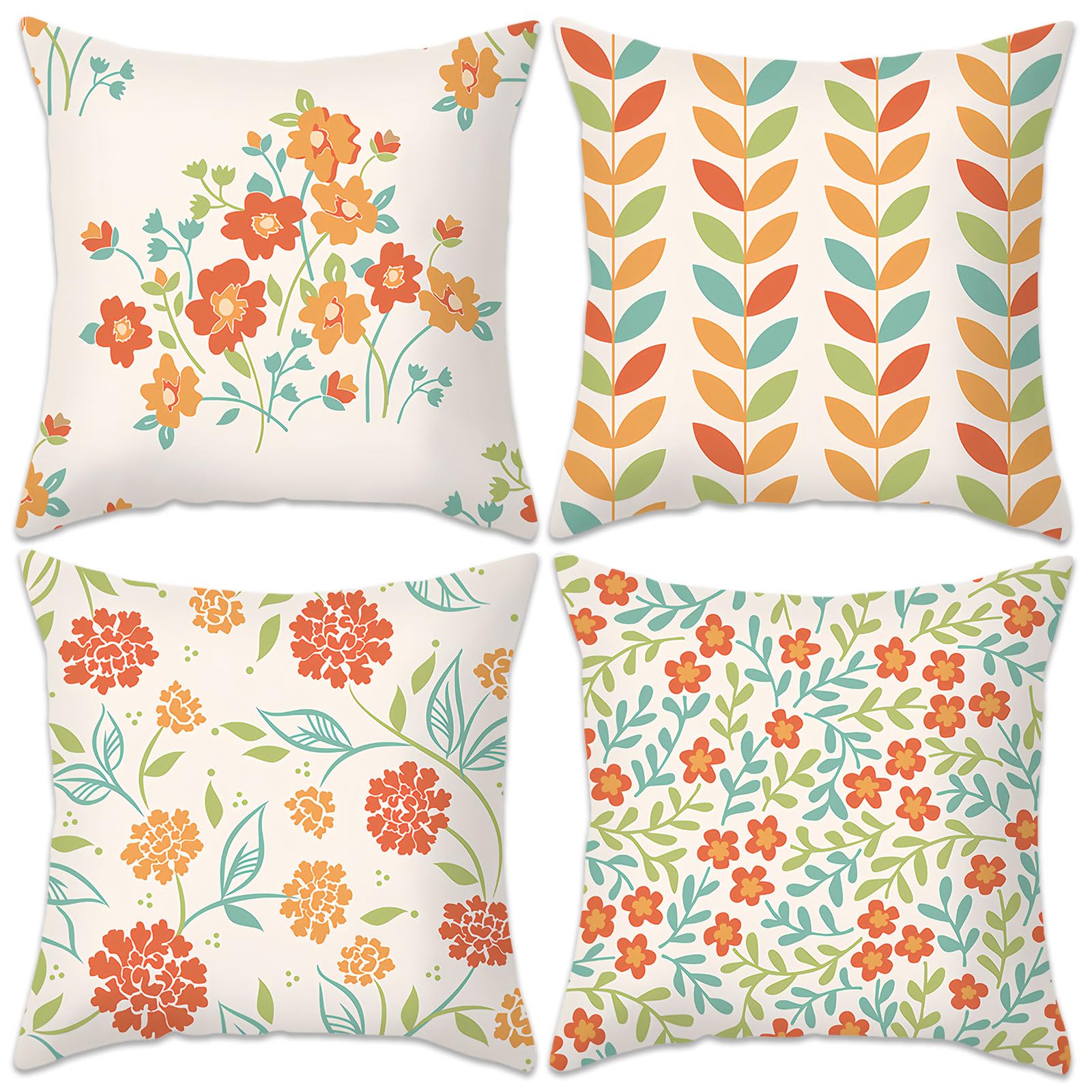 Betadistor Cushion Covers 18" x 18" Set of 4 Red Floral Design Pillowcases for Sofa Garden Bed Couch Cushions Red Flowers, 504-0075
