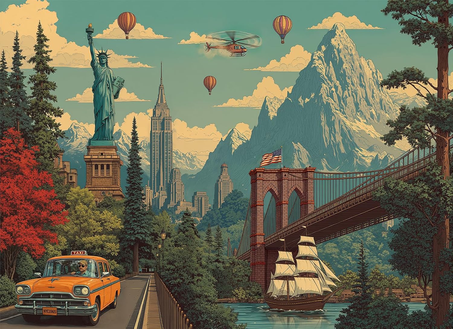1000 Piece Jigsaw Puzzle for Adults, Vintage New York Puzzle | New York Landmark Cityscape with Vintage Travel Poster Style, Color-Coded Back, 26.65 x 19.25 in