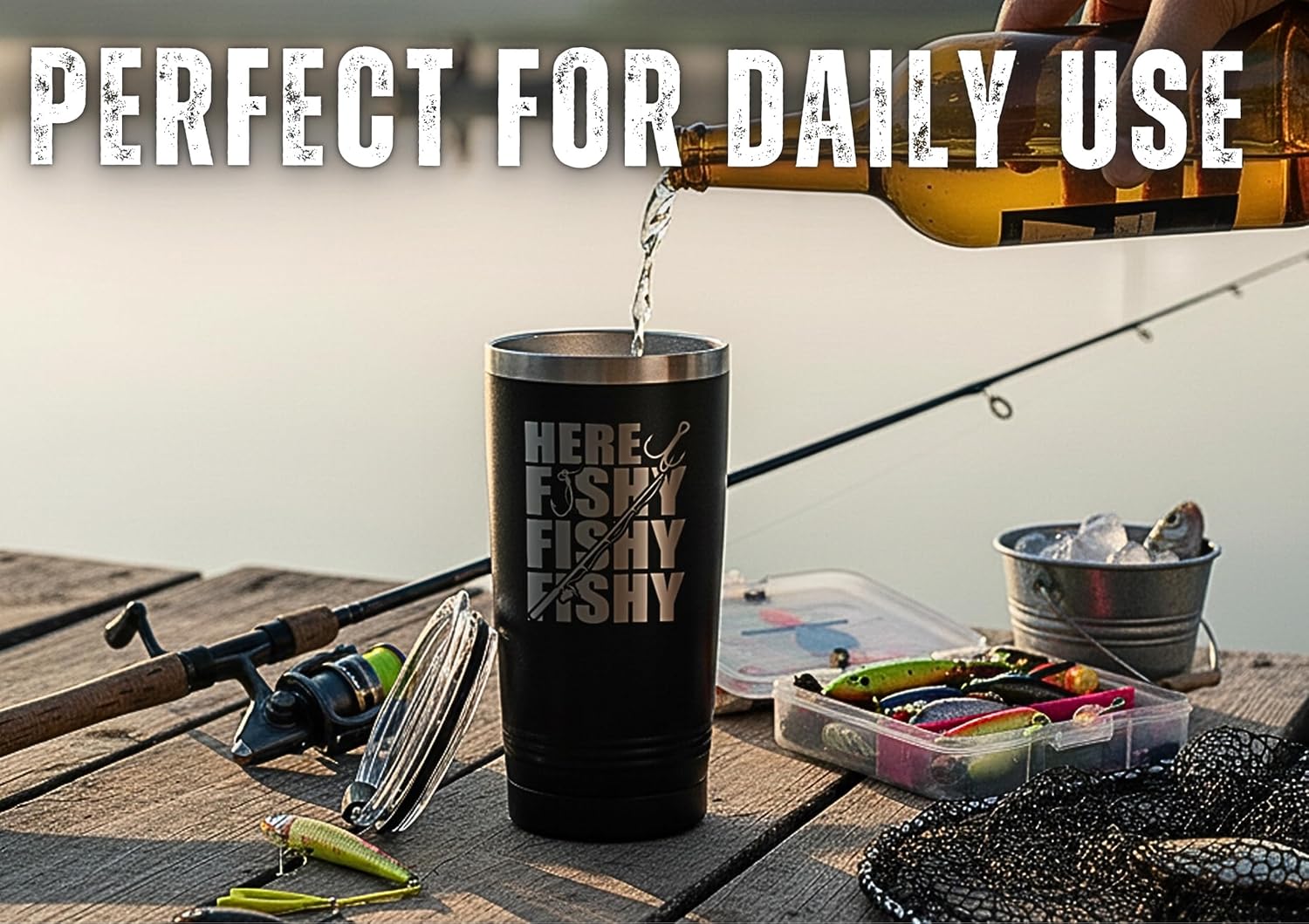 Onebttl Fishing Gifts: Stainless Steel 20oz Tumbler for Fishermen & Fishing Lovers for Dad, Laser Logo 'Here Fishy' - Image 3