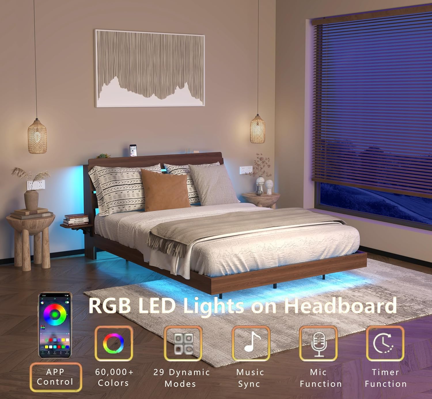 Floating Bed Frame Queen with Storage Headboard, Low Profile Japanese Platform Bed with LED Lights and Charging Station, Bedframe with Foldable Tabletop, No Box Spring Needed (Walnut, Queen)