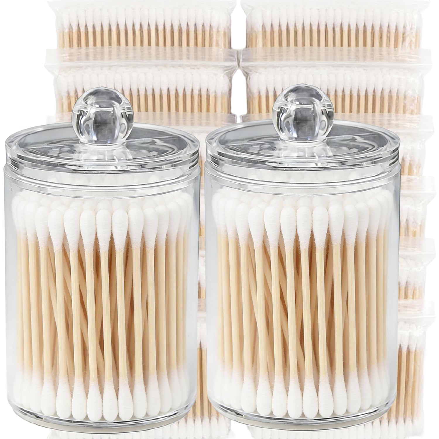 Cotton Swabs 1200 Count Bamboo Sticks Cotton Swabs with 2 Clear Container Cotton Buds with Wooden Handles For