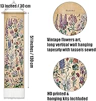 Vista 3 de Tapiz de flores vintage de 51 x 13 pulgadas, largo vertical para colgar en la pared, referencia ilustrativa botánica, tapices botánicos