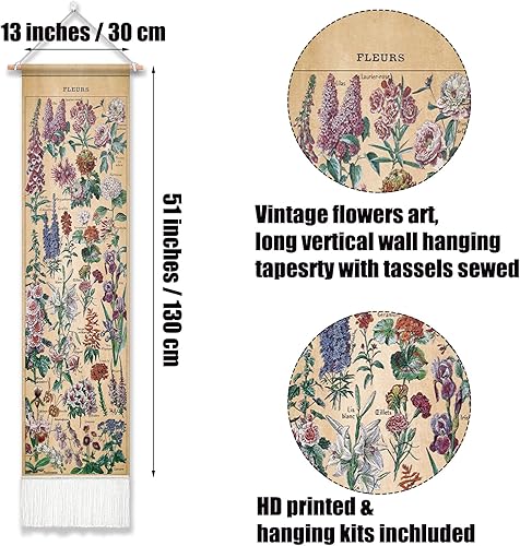 Miniatura 3 de Tapiz de flores vintage de 51 x 13 pulgadas, largo vertical para colgar en la pared, referencia ilustrativa botánica, tapices botánicos para