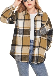 Girls Long Sleeve Flannel Shirts Button Down Plaid Shacket Jacket Casual Collared Shirt Blouses Tops with Pocket