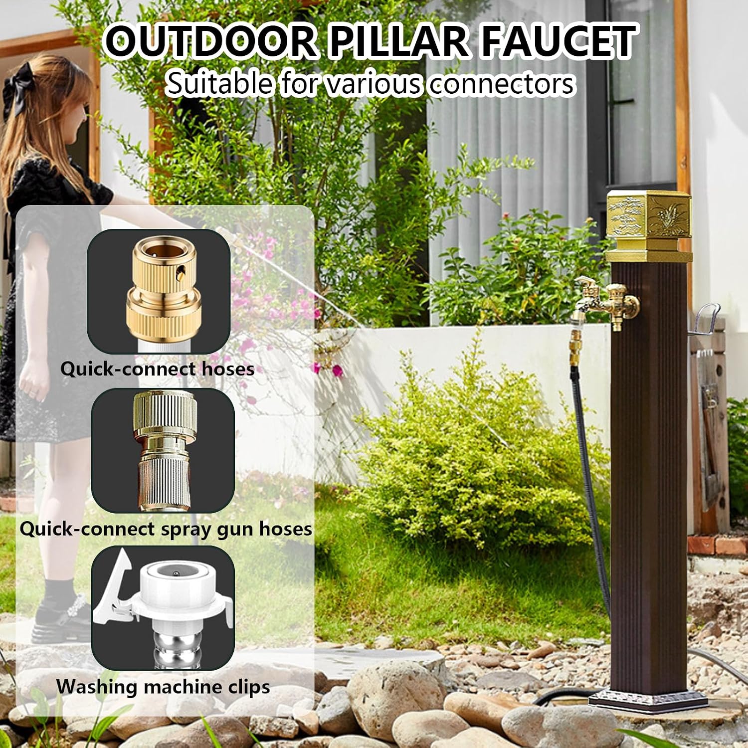 Retro Freestanding Garden Water Column with Faucet Outdoor Stainless Steel Faucet Column Equipped with A 7.5-Meter Spray Gun Frost-Resistant and Heat-Resistant for Irrigat Single Water Outlet-C 114cm
