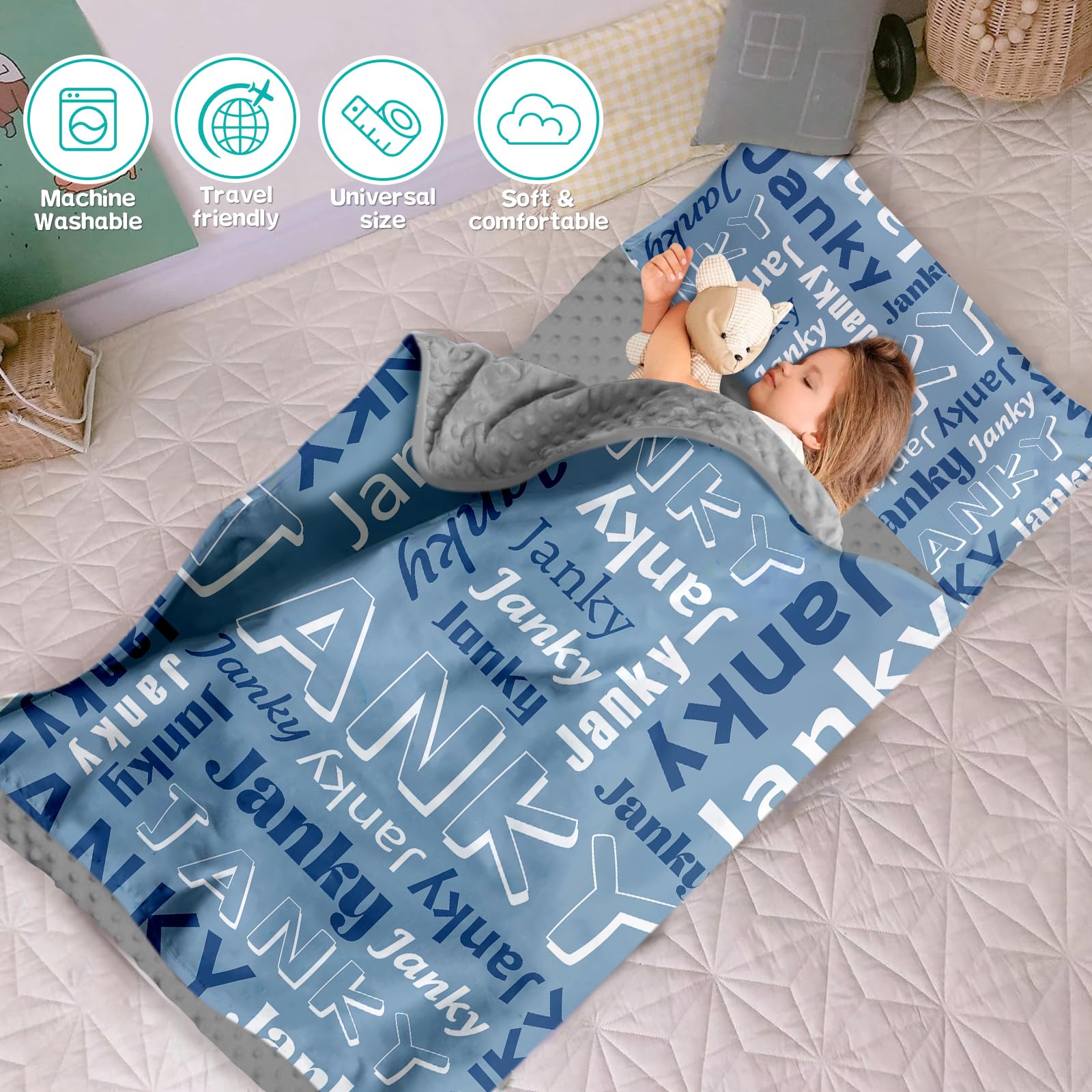 Dyoart, Personalized Toddler Nap Mat with Pillow and Blanket - Roll Up Nap Mat for Preschool, Daycare - Custom Names Soft Kids Sleeping Bags - Lightweight Sleeping Bag Light Blue