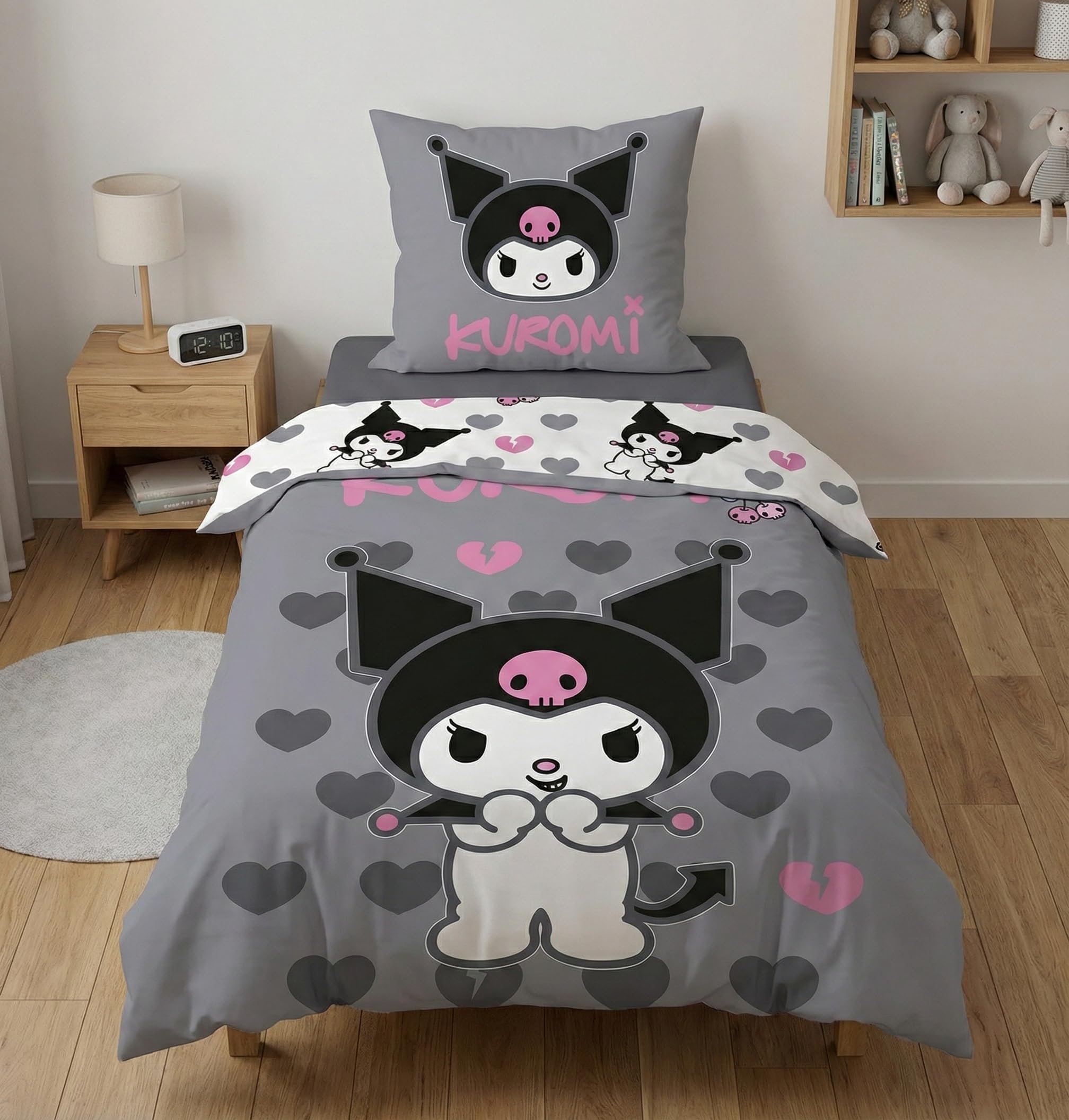 Kuromi Bettwäsche 135x200+80x80 – 100% Baumwolle – Grau & Pink | Wendebettwäsche | Hello Kitty | 135x200+80x80 cm | Mädchen | Offiziell lizenziert | Sanrio | Einzelbett