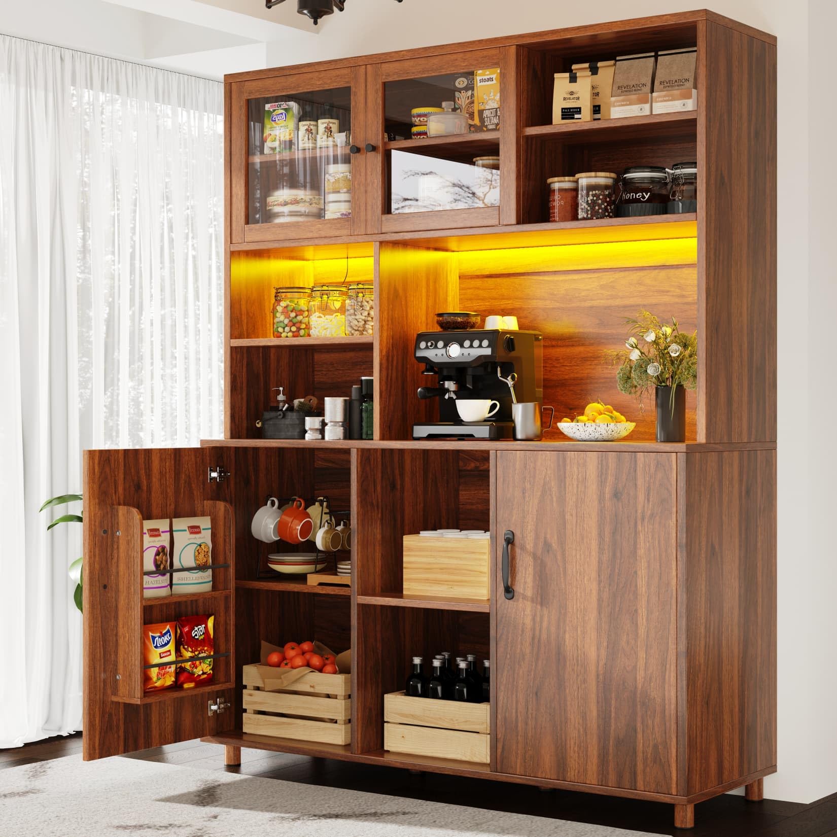 Buffet Haut de Cuisine,Armoire de Salon Moderne,Buffet Salle a Manger,Meuble de Rangemen avec étagères réglables et éclairage LED,2 Portes coulissante en Verre,140x40x185cm (Marron Noyer)