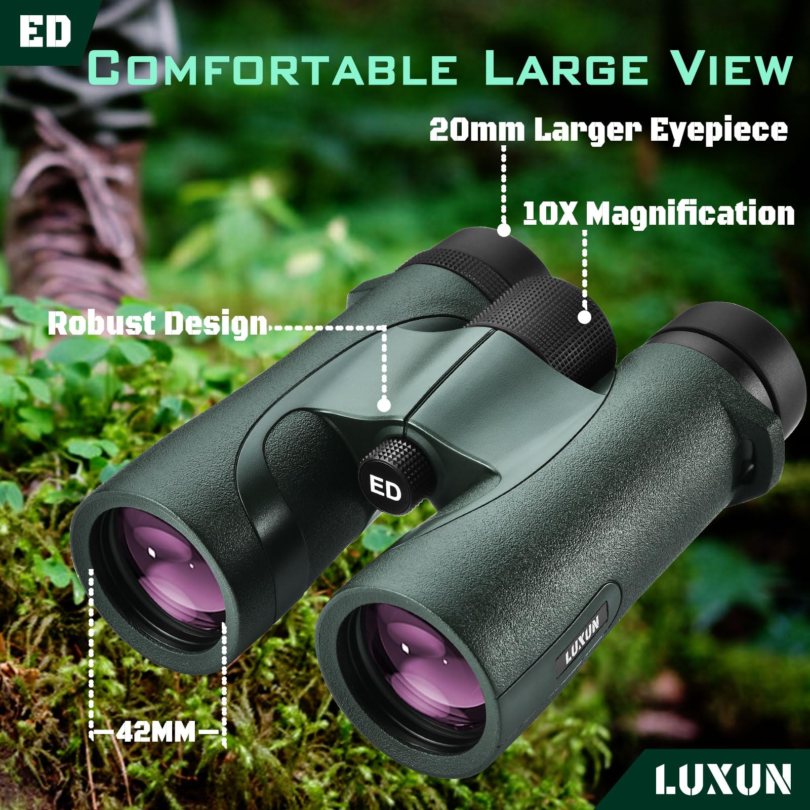 LUXUN Jumelles 10x42, Jumelles en Verre Ed pour Adultes, Prisme BAK4 IPX7 étanche et antibuée pour la Chasse, l'observation des Oiseaux et l'extérieur avec Harnais de Jumelles (Vert)