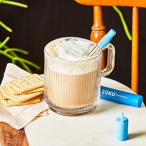 Miniatura 6 de ZOKU Pajita de metal reutilizable con estuche para viajes, color azul, popote plegable de acero inoxidable con punta de silicona y cepillo