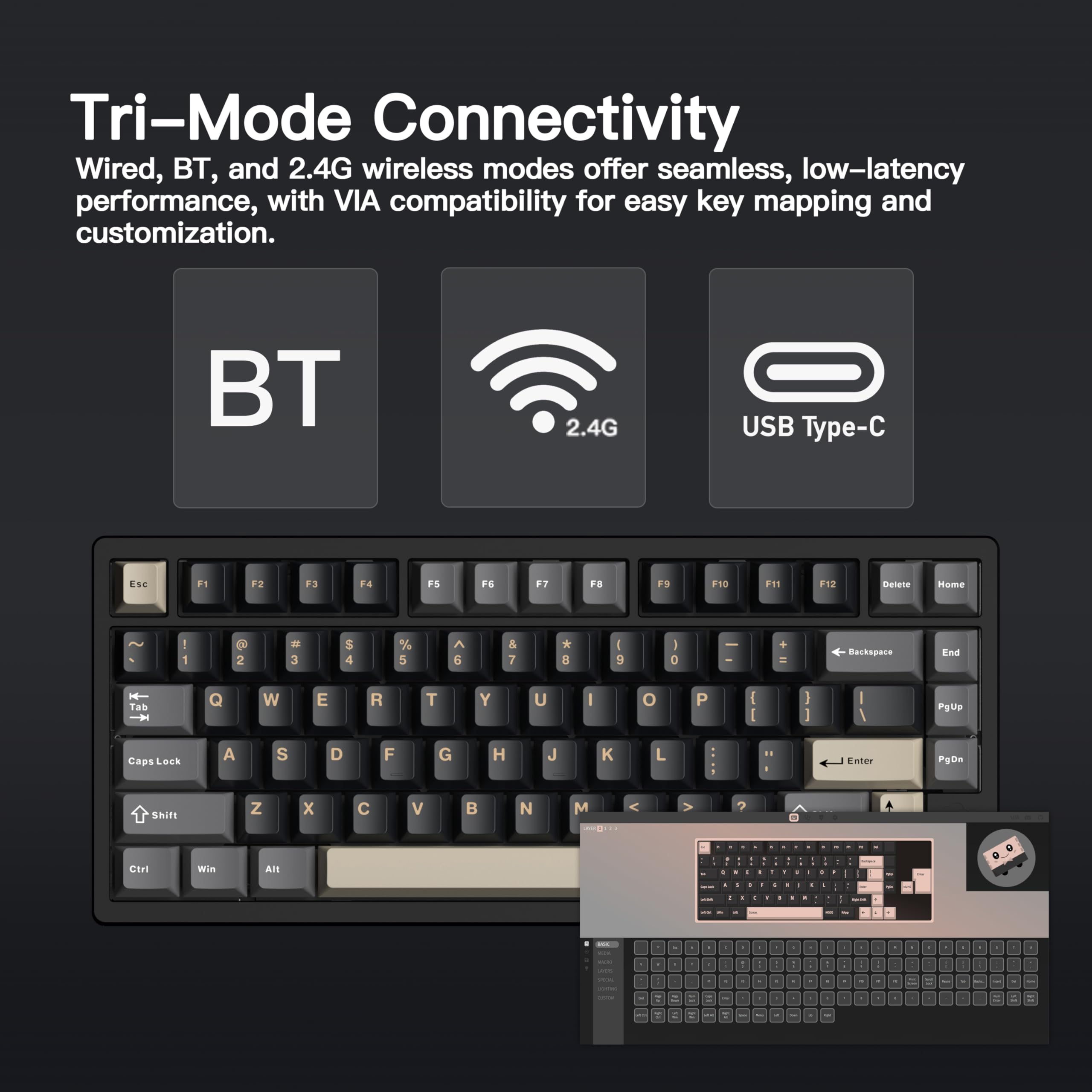WOBKEY Rainy 75 Aluminum Cocoa Switch Mechanical Keyboard with Superior Acoustics, Wired, BT, 2.4G wireless Connectivity (Pro - Black) — view 7