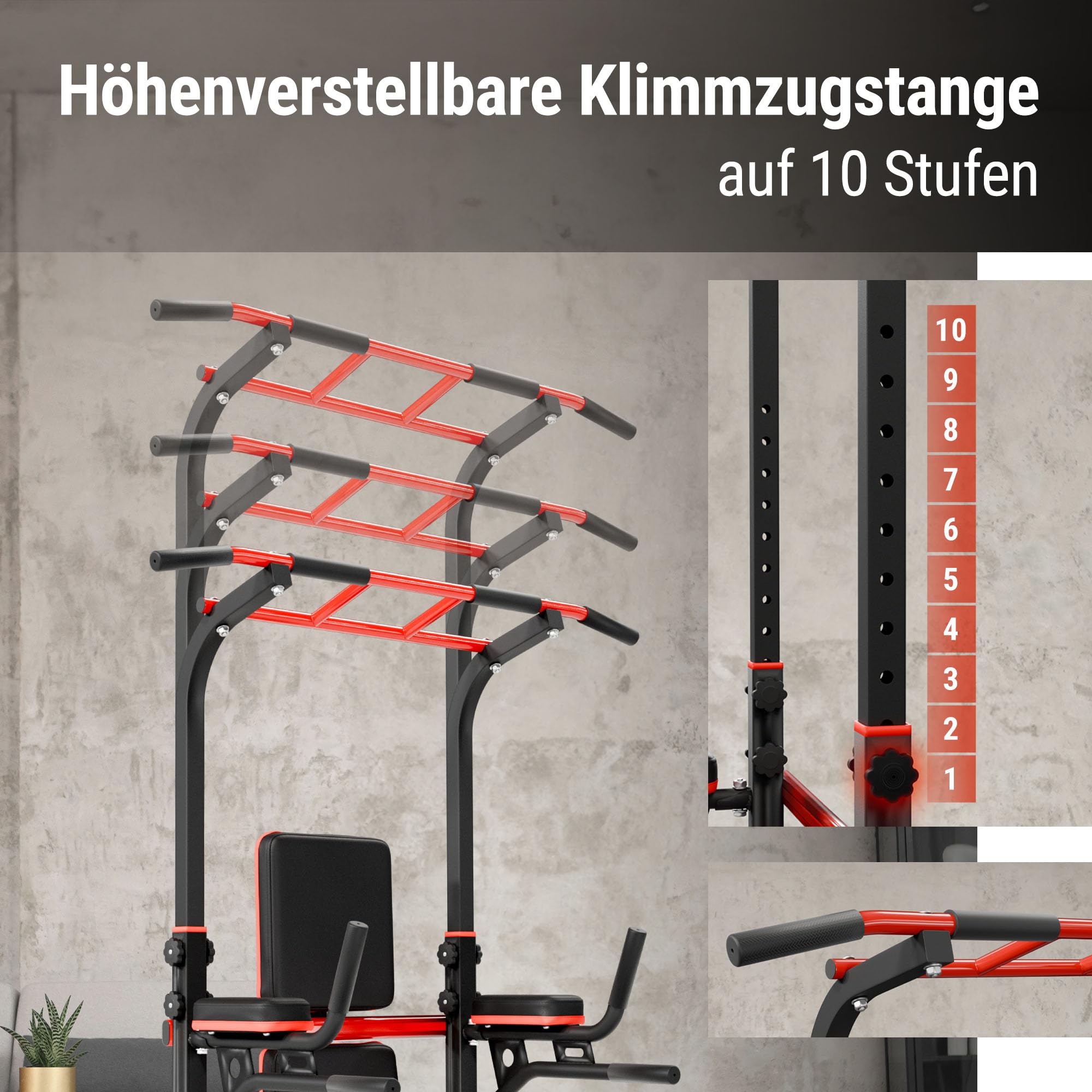 Hop-Sport Power Tower mit Klimmzugstange, Hantelbank & Dip-Station, Fitnessgerät für Zuhause, Calisthenics und Krafttraining, Freistehend, 150 kg Max. Belastbarkeit