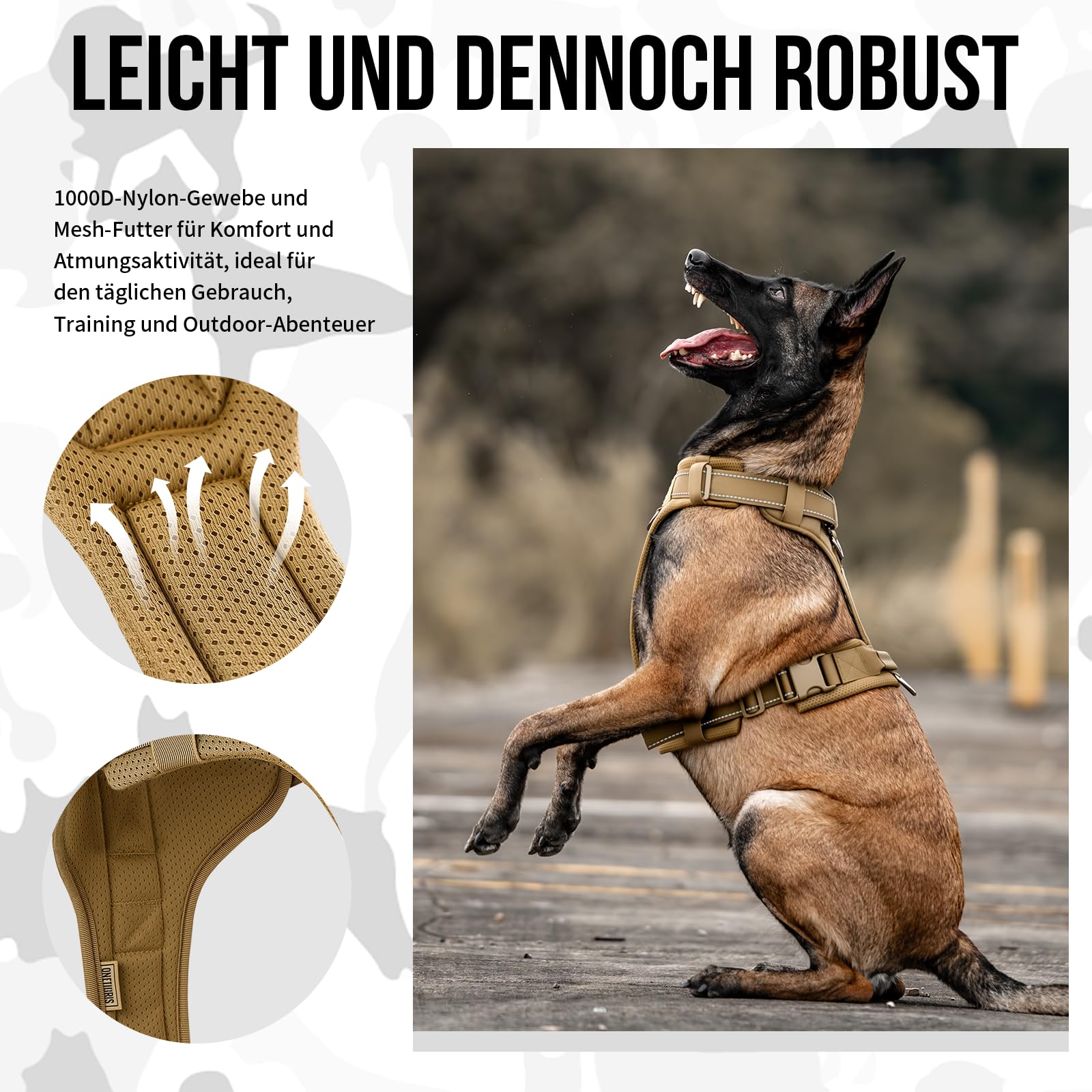 OneTigris Hundegeschirr, Diesel Einstellbar Taktisches Geschirr Weich Gepolstert Brustgeschirr für mittelgroße und große Hunde mit Reflektierend, 1 Griff, 3 D-Ringe (Braun, M)
