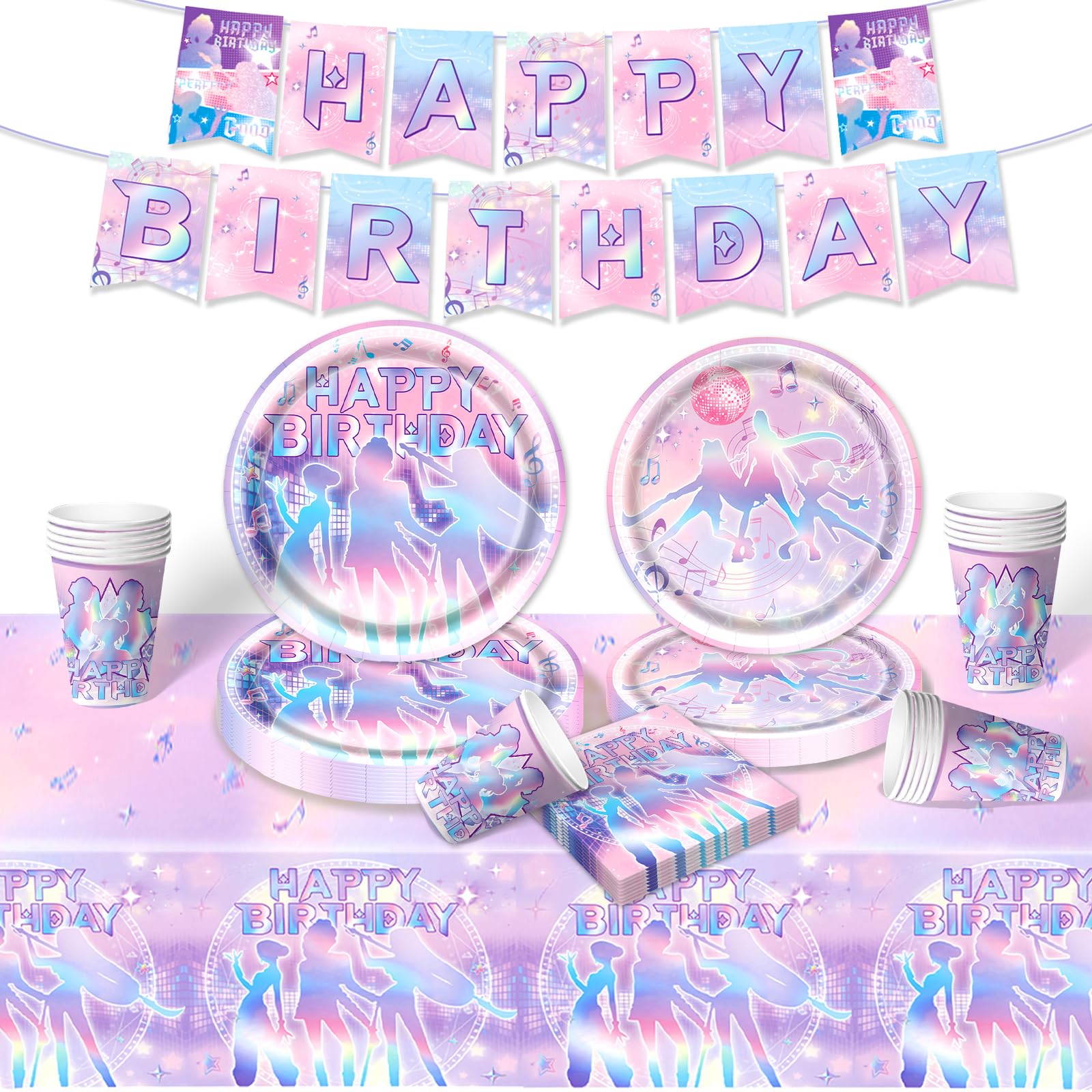 Luclay Birthday Party Tableware Kids- 52PCS Kpop Birthday Party Decorations Purple Themed Party Favor Supplies Paper Plates Cups Napkins Tablecloth for Boys Girls Baby Showers Deco