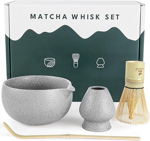 Miniatura 2 de Juego de batidor de matcha gris con textura de piedra con boquilla de vertido, kit de matcha japonés con cuenco de cerámica hecho a mano, batidor de