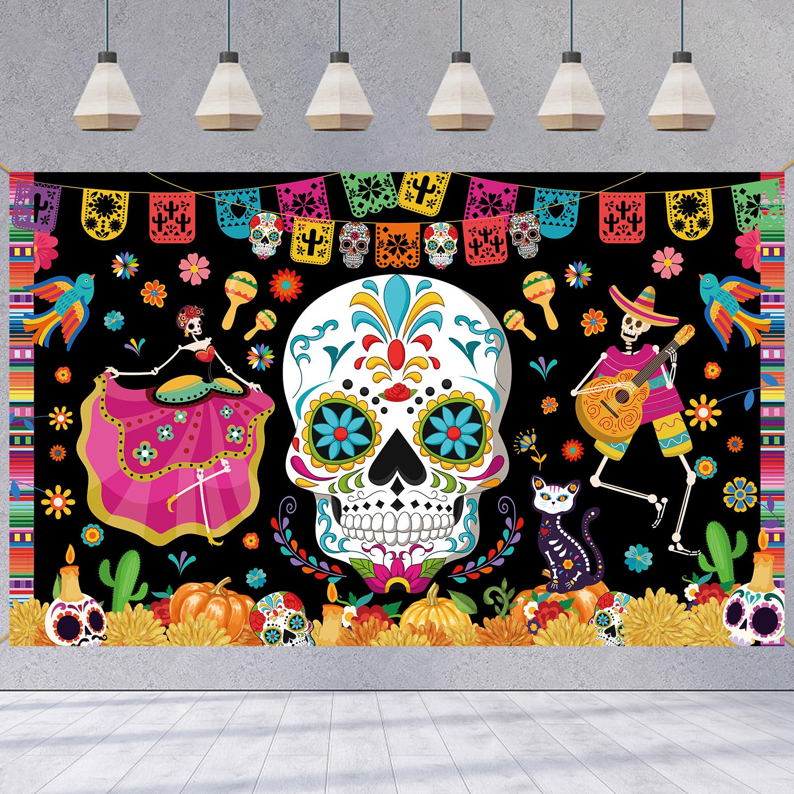 XINDY Day of The Dead Backdrop Banner Da de los Muertos Decorations Mexican Fiesta Skull Background Banner for Indoor Outdoor Halloween Day of the Dead Party Decorations Supplies