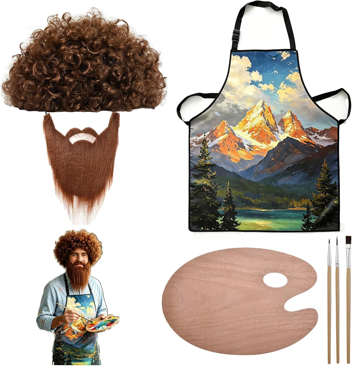80s Painter Costume Set with Wig, Beard, Apron, Palette & 3 Brushes