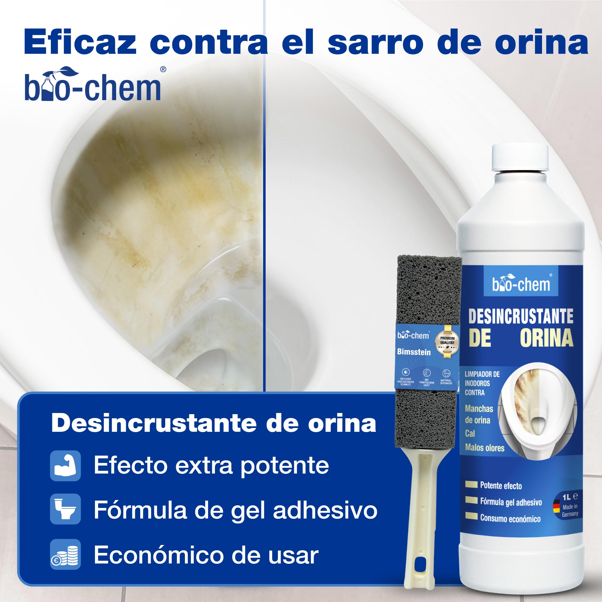 bio-chem Set de 6 productos para la limpieza de tuberías, inodoros, hornos | Elimina restos de orina y cal - Desatasca desagües - Limpia el horno - Con una esponja, un paño y piedra pómez