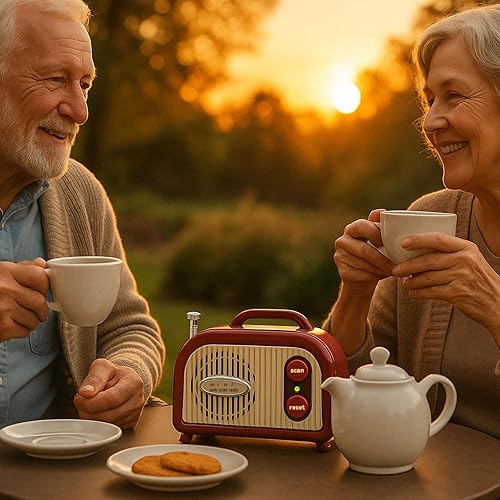 Miniatura 6 de Mini radio FM vintage, estilo retro portátil, rojo y crema, funciona con batería con escaneo automático, altavoz de alta fidelidad, perfecto para el