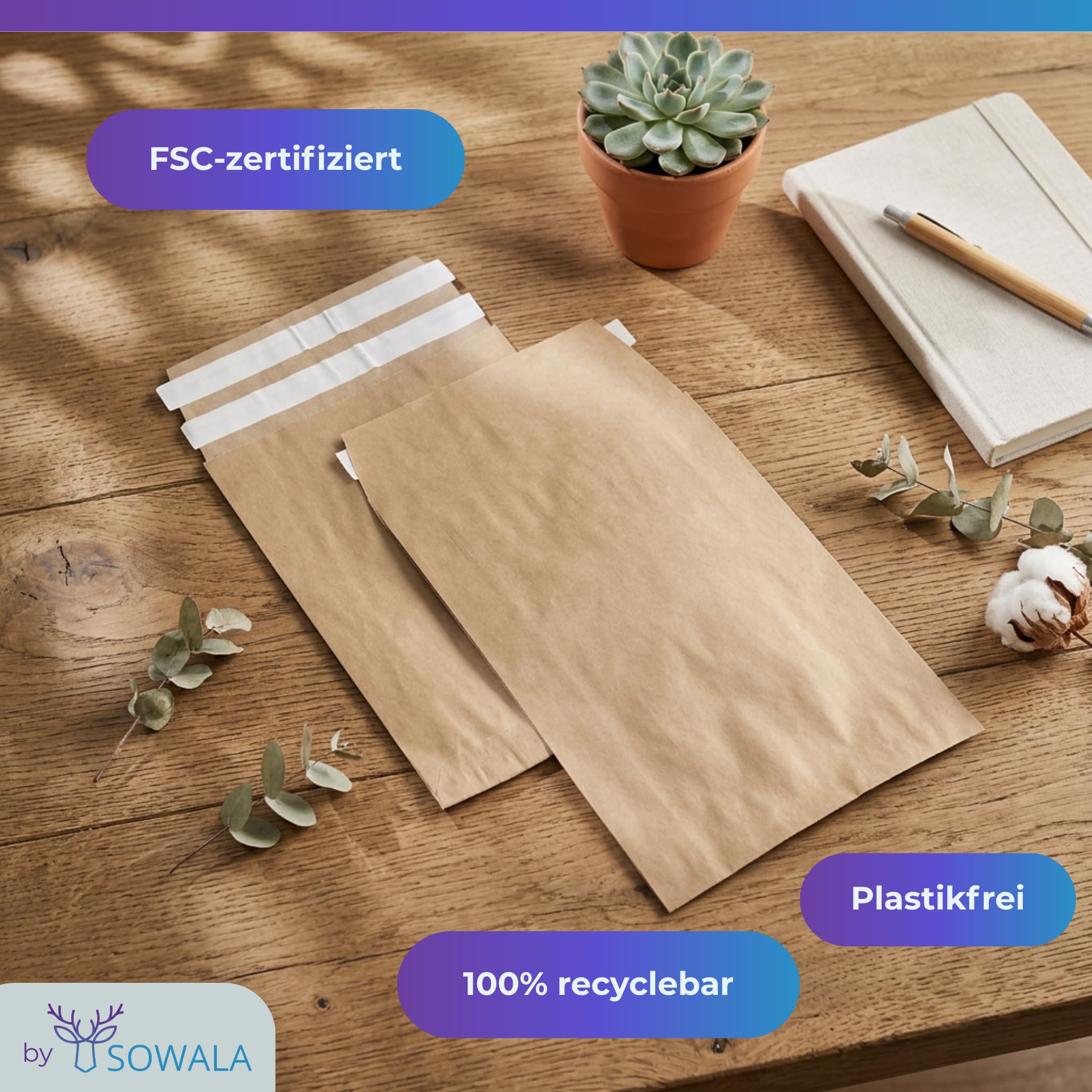 Papier-Versandtaschen Vinted 350x250x80mm Versandtüten - 200 Stück, sowala | Spitzer Boden mit 8 cm Seitenfalte – viel Platz für Pullover & Co., Doppelfixverschluss für Hin- & Rückversand, plastikfrei