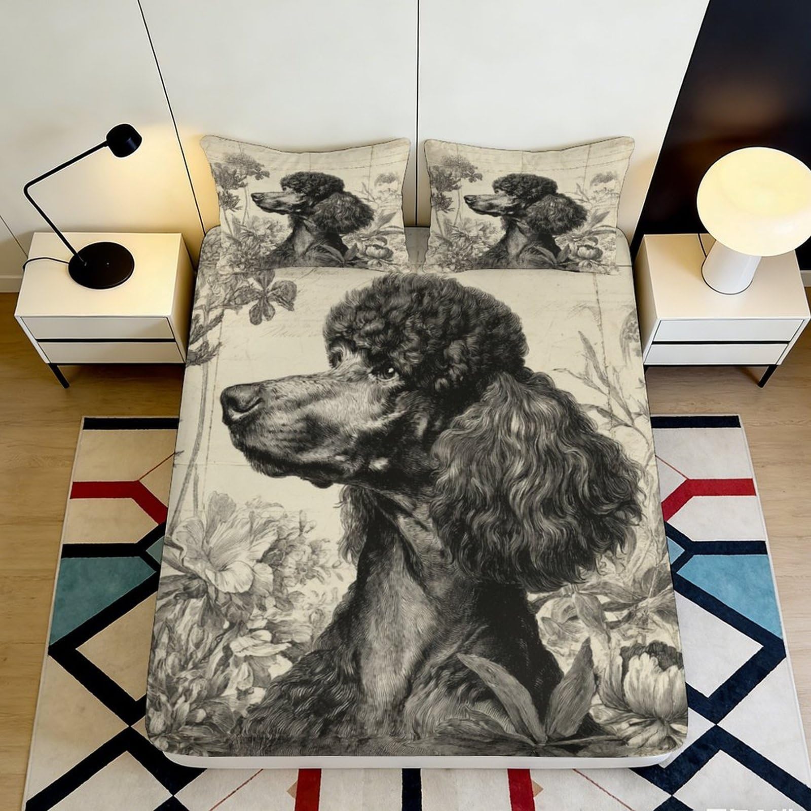 3D Printed Black Poodle Fitted Sheet Microfiber Soft Artistic Dog Illustration Bed Cover for Bedroom Guest Room Decor Mattress Protection 90x200x25cm