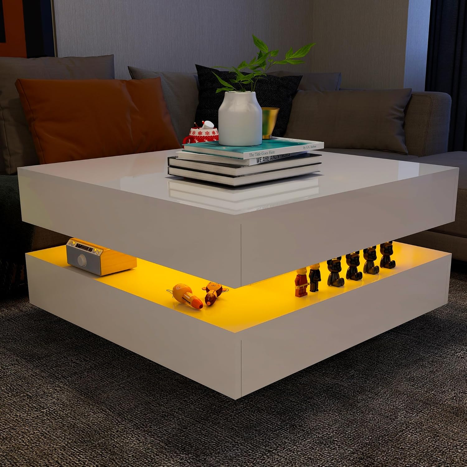 Modern Led Coffee Table for Living Room, High Gloss Square