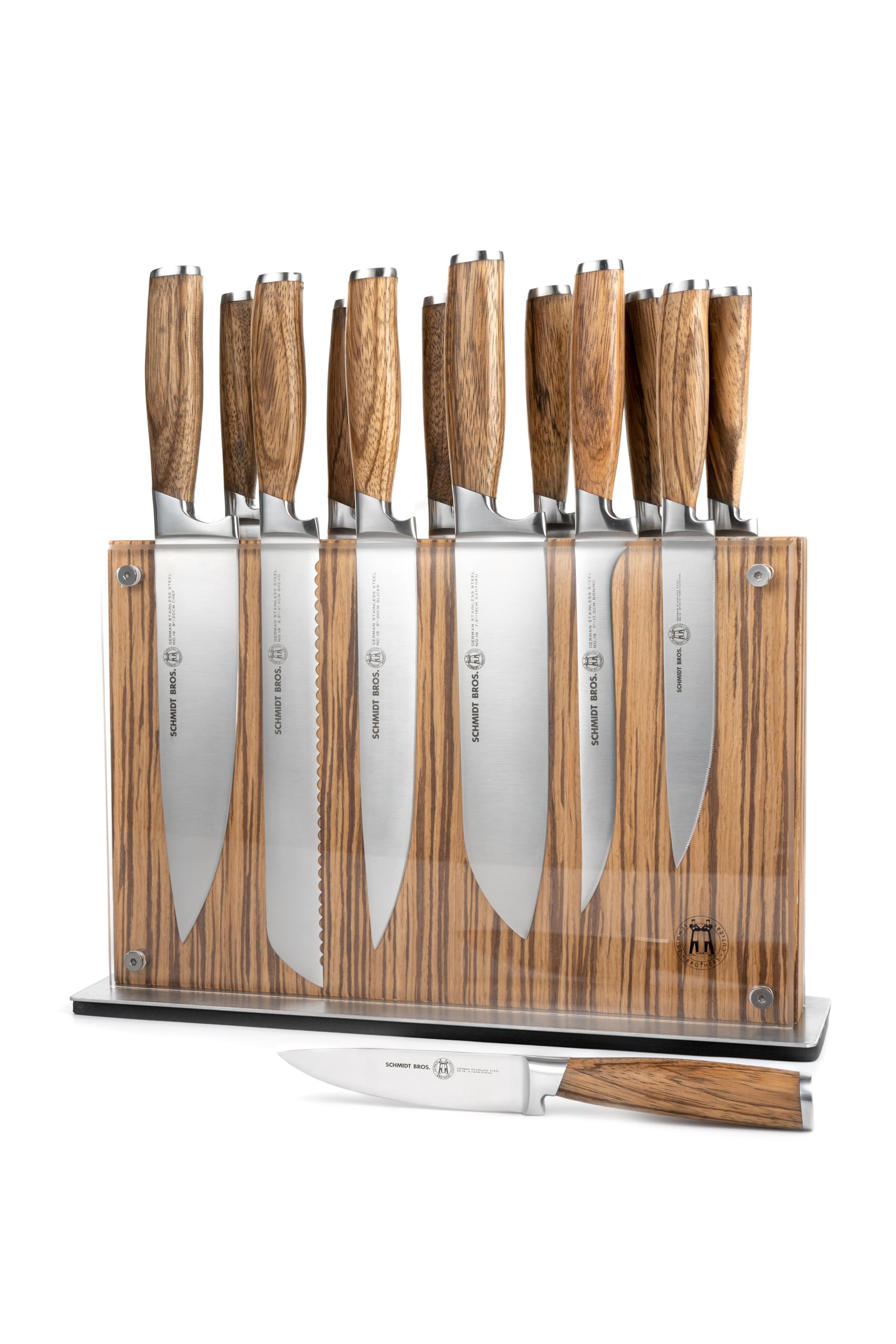 Schmidt Brothers - Zebra Wood, 15-Piece Kitchen Knife Set, High-Carbon Stainless Steel Cutlery with Zebra Wood and Acrylic Magnetic Knife Block and Knife Sharpener