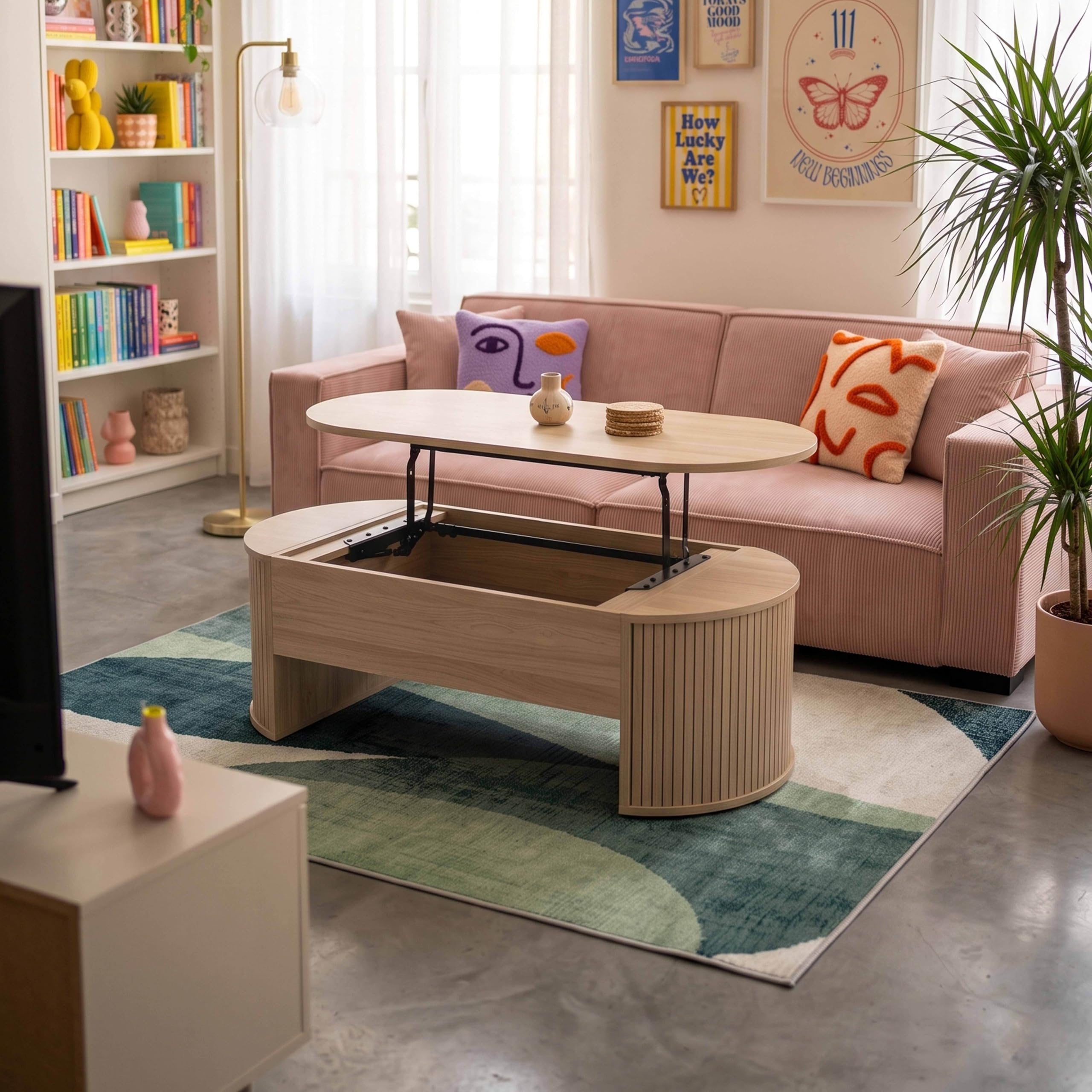Oviala - Mesa baja ovalada con tapa elevable, efecto madera clara